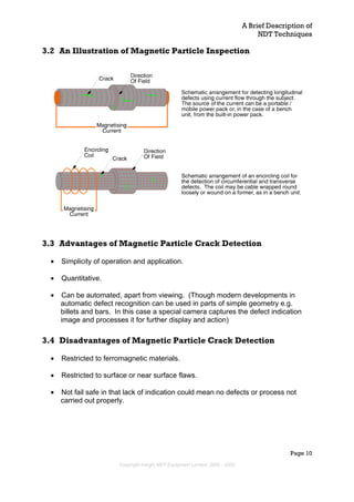 A Brief Description of
NDT Techniques
Page 10
3.2 An Illustration of Magnetic Particle Inspection
3.3 Advantages of Magnetic Particle Crack Detection
• Simplicity of operation and application.
• Quantitative.
• Can be automated, apart from viewing. (Though modern developments in
automatic defect recognition can be used in parts of simple geometry e.g.
billets and bars. In this case a special camera captures the defect indication
image and processes it for further display and action)
3.4 Disadvantages of Magnetic Particle Crack Detection
• Restricted to ferromagnetic materials.
• Restricted to surface or near surface flaws.
• Not fail safe in that lack of indication could mean no defects or process not
carried out properly.
Copyright Insight NDT Equipment Limited, 2000 - 2003
 