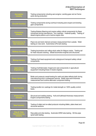 A Brief Description of
NDT Techniques
Page 22
Copyright Insight NDT Equipment Limited, 2000 - 2003
Aerospace
Industry
Testing components including aero-engine, Landing gear and air frame
parts during production
Aircraft Overhaul
Testing components during overhaul including aero-engine and landing
gear components
Automotive
Industry
Testing Brakes-Steering and engine safety critical components for flaws
introduced during manufacture. Iron castings – material quality. Testing of
diesel engine pistons up to marine engine size.
Petrochemical &
Gas Industries
Pipe-Line and tank internal corrosion measurement from outside. Weld
testing on new work. Automotive LPG tank testing
Railway Industry
Testing locomotive and rolling stock axles for fatigue cracks. Testing rail
for heat induced cracking. Diesel locomotive engines and structures.
Mining Industry
Testing of pit head equipment and underground transport safety critical
components.
Agricultural
Engineering
Testing of all fabricated, forged and cast components in agricultural
equipment including those in tractor engines.
Power Generation
Boiler and pressure vessel testing for weld and plate defects both during
manufacturing and in subsequent service. Boiler pipe work thickness
measurement and turbine alternator component testing.
Iron Foundry
Testing ductile iron castings for metal strength on 100% quality control
basis.
Shipbuilding
Industry
Structural and welding testing. Hull and bulkhead thickness measurement.
Engine components testing.
Steel Industry
Testing of rolled and re-rolled products including billets, plate sheet and
structural sections.
Pipe & Tube
Manufacturing
Industry
Raw plate and strip testing. Automatic ERW tube testing. Oil line pipe
spiral weld testing.
 