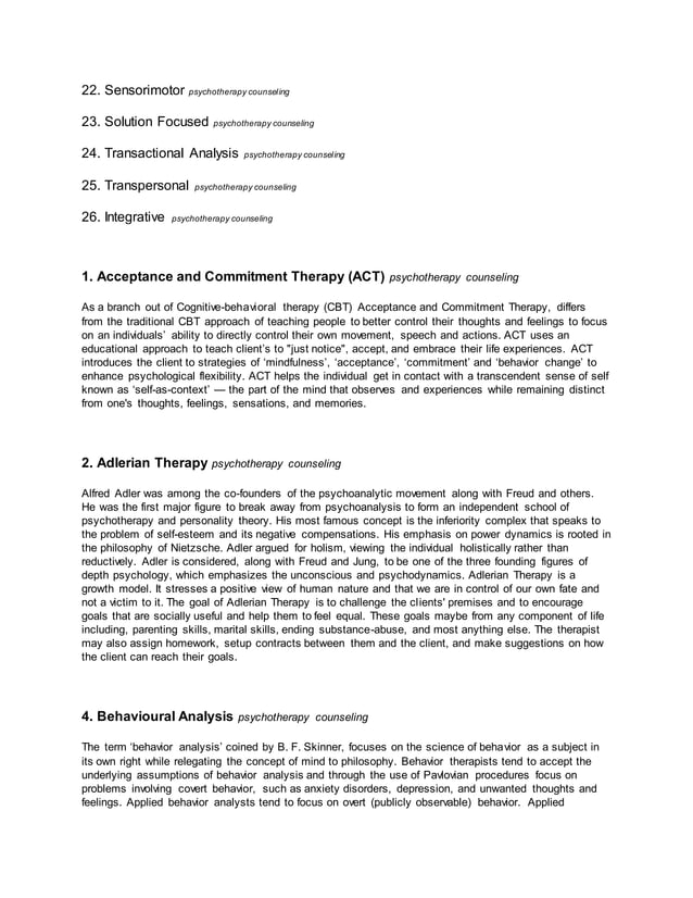 A brief description of the different types of psychotherapy and counseling