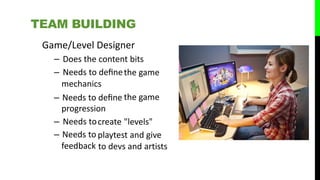 Game/Level Designer
– Does the content bits
– Needs to deﬁne
mechanics
– Needs to deﬁne
progression
the game
the game
– Needs to
– Needs to
feedback
create "levels"
playtest and give
to devs and artists
TEAM BUILDING
 