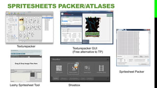 SPRITESHEETS PACKER/ATLASES
Texturepacker GUI
(Free alternative to TP)
Spritesheet Packer
Leshy Spritesheet Tool Shoebox
Texturepacker
 