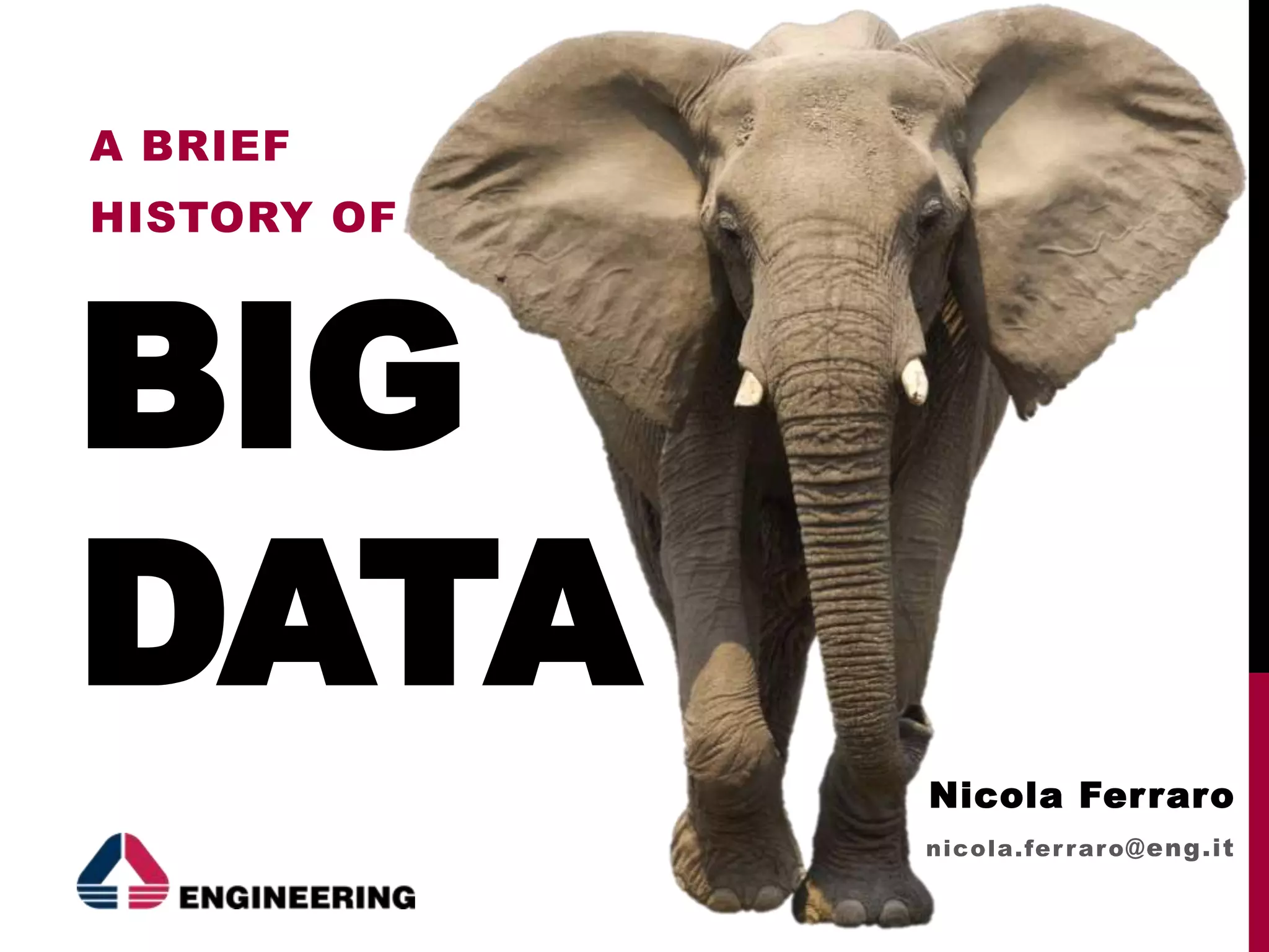 BIG
DATA
A BRIEF
HISTORY OF
Nicola Ferraro
nicola.ferraro@eng.it
 