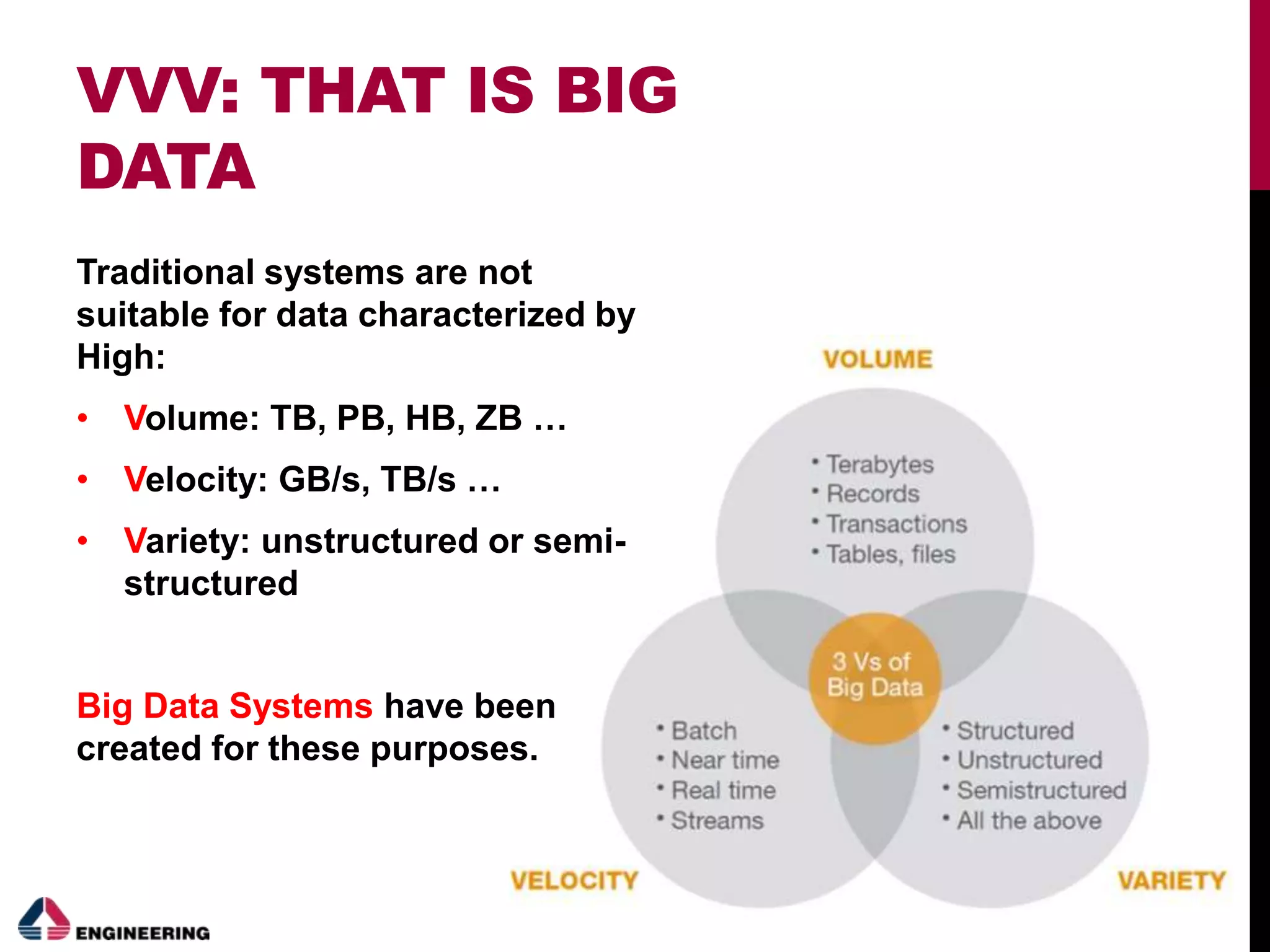 VVV: THAT IS BIG
DATA
Traditional systems are not
suitable for data characterized by
High:
• Volume: TB, PB, HB, ZB …
• Velocity: GB/s, TB/s …
• Variety: unstructured or semi-
structured
Big Data Systems have been
created for these purposes.
 