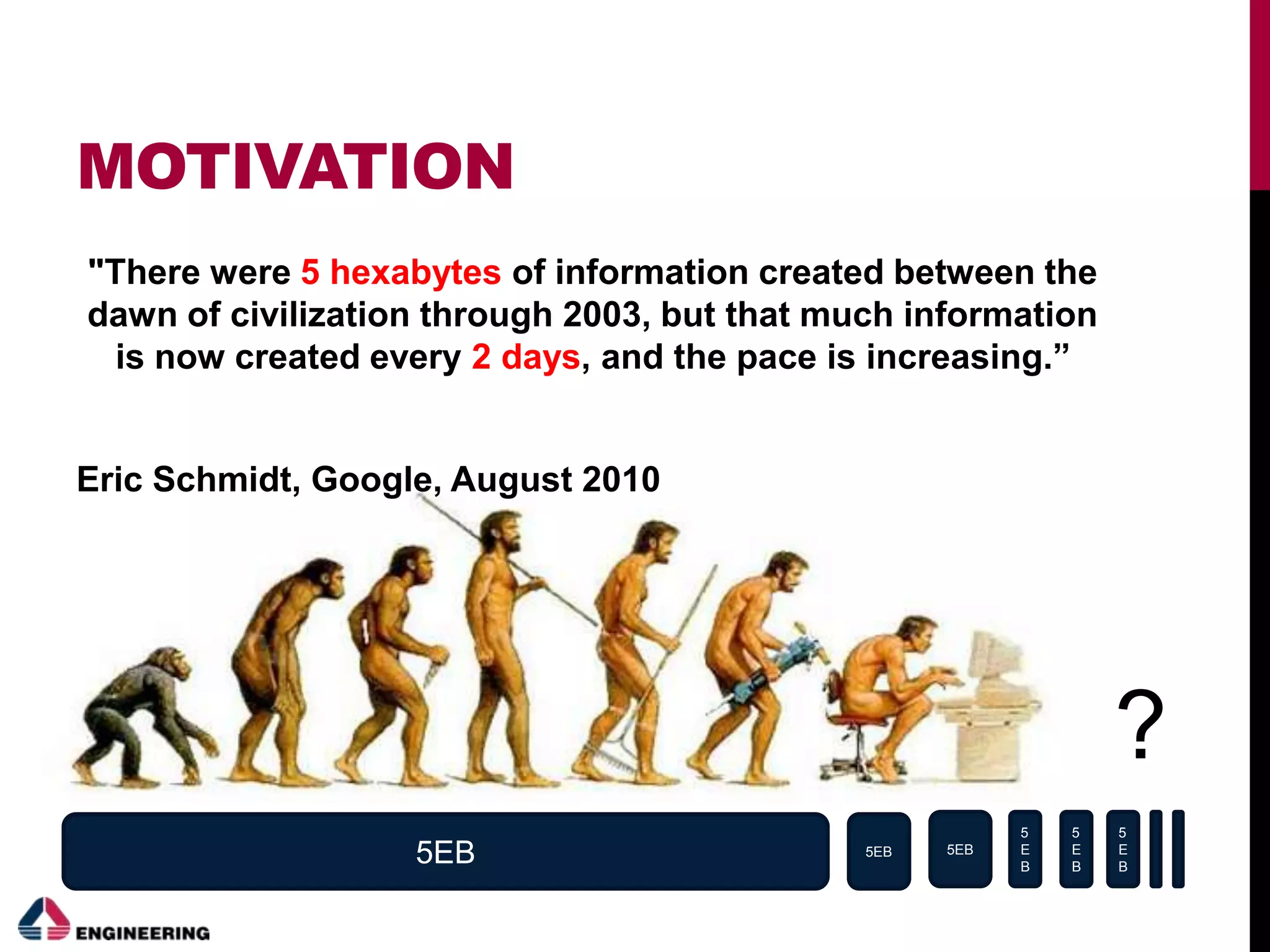 MOTIVATION
"There were 5 hexabytes of information created between the
dawn of civilization through 2003, but that much information
is now created every 2 days, and the pace is increasing.”
Eric Schmidt, Google, August 2010
5EB 5EB 5EB
5
E
B
5
E
B
5
E
B
?
 