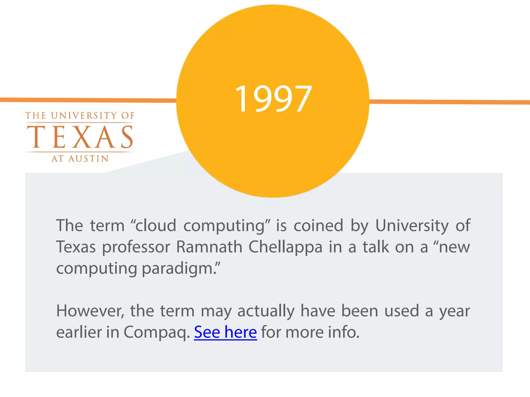 The term “cloud computing” is coined by University of
Texas professor Ramnath Chellappa in a talk on a “new
computing paradigm.”
!
However, the term may actually have been used a year
earlier in Compaq. See here for more info.
1997
 