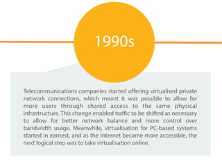 Telecommunications companies started offering virtualised private
network connections, which meant it was possible to allow for
more users through shared access to the same physical
infrastructure. This change enabled traffic to be shifted as necessary
to allow for better network balance and more control over
bandwidth usage. Meanwhile, virtualisation for PC-based systems
started in earnest, and as the Internet became more accessible, the
next logical step was to take virtualisation online.
1990s
 