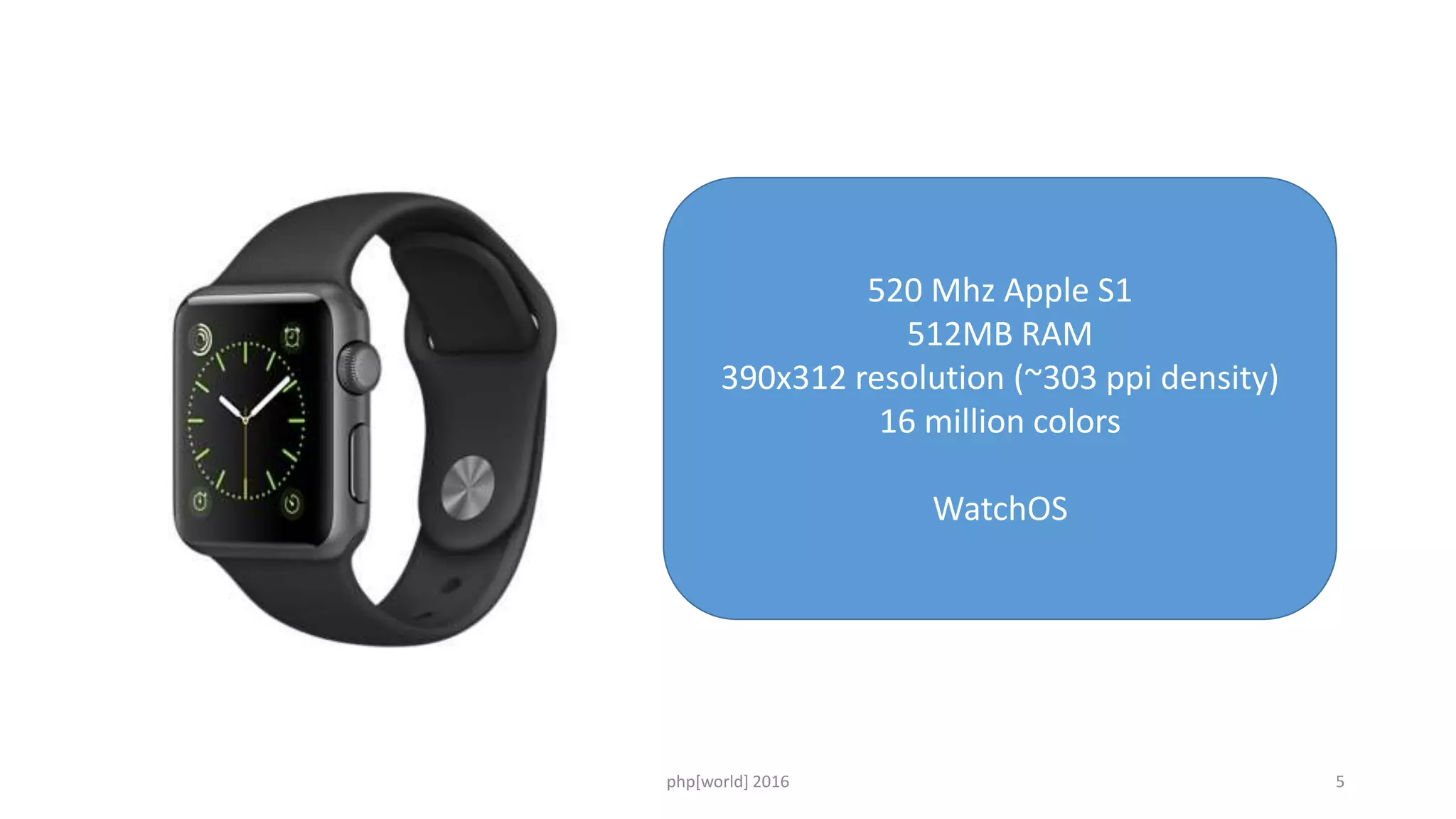 php[world] 2016 5
520 Mhz Apple S1
512MB RAM
390x312 resolution (~303 ppi density)
16 million colors
WatchOS
 