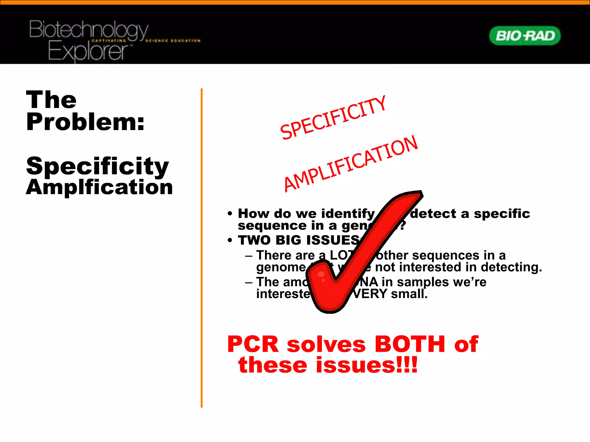 The
Problem:
Specificity
Amplfication
• How do we identify and detect a specific
sequence in a genome?
• TWO BIG ISSUES:
– There are a LOT of other sequences in a
genome that we’re not interested in detecting.
– The amount of DNA in samples we’re
interested in is VERY small.
PCR solves BOTH of
these issues!!!
 