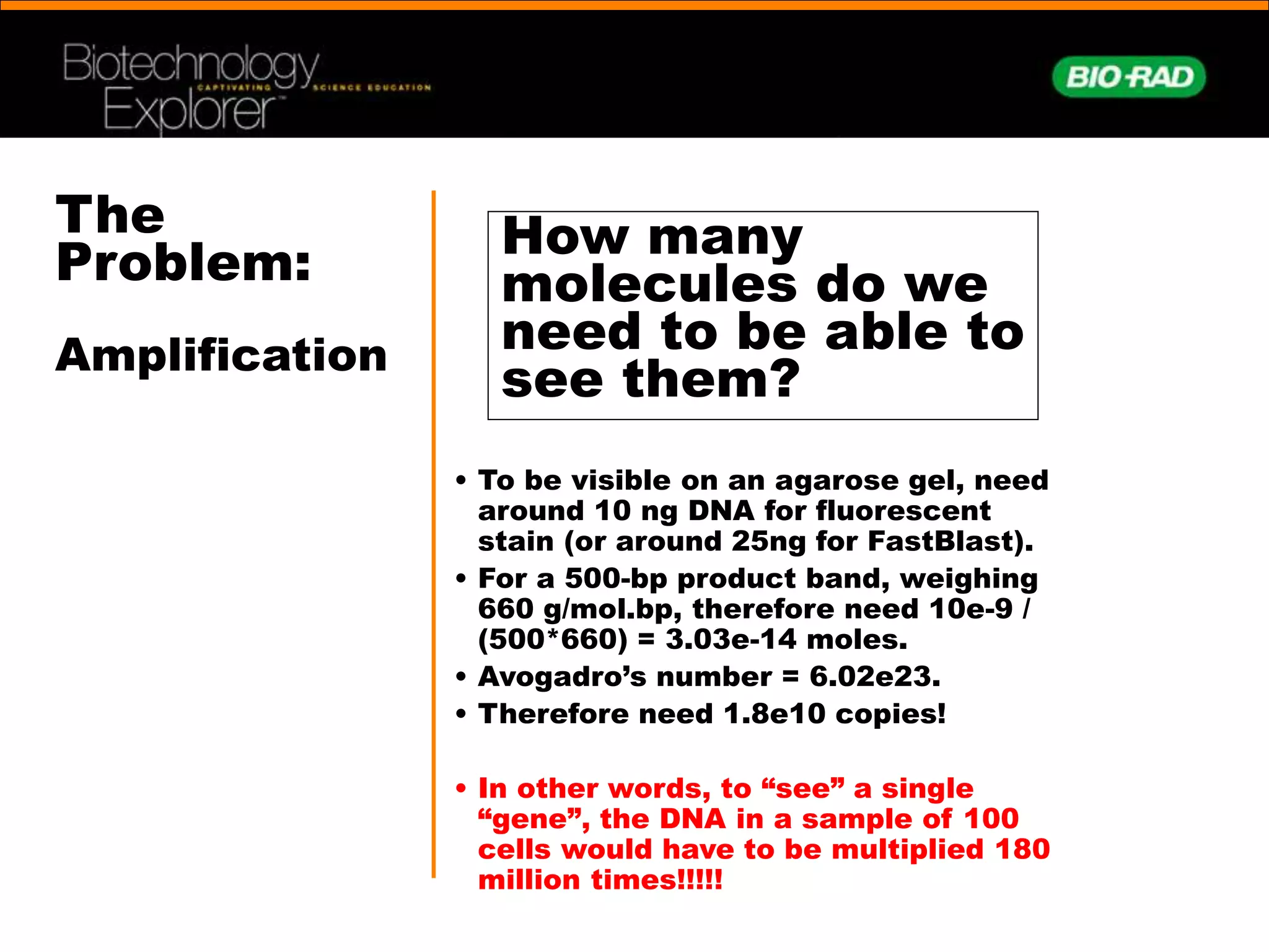 The
Problem:
Amplification
How many
molecules do we
need to be able to
see them?
• To be visible on an agarose gel, need
around 10 ng DNA for fluorescent
stain (or around 25ng for FastBlast).
• For a 500-bp product band, weighing
660 g/mol.bp, therefore need 10e-9 /
(500*660) = 3.03e-14 moles.
• Avogadro’s number = 6.02e23.
• Therefore need 1.8e10 copies!
• In other words, to “see” a single
“gene”, the DNA in a sample of 100
cells would have to be multiplied 180
million times!!!!!
 