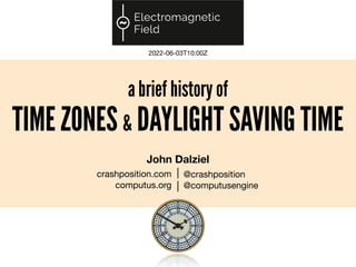 a brief history of


TIME ZONES & DAYLIGHT SAVING TIME
2022-06-03T10:00Z

John Dalziel 
|

|
@crashposition 
@computusengine
crashposition.com 
computus.org
 