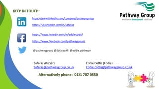 KEEP IN TOUCH:
https://uk.linkedin.com/in/safaraz
https://www.linkedin.com/in/eddiecottis/
https://www.facebook.com/pathwaygroup/
@pathwaygroup @SafarazAli @eddie_pathway
Safaraz Ali (Saf)
Safaraz@pathwaygroup.co.uk
Eddie Cottis (Eddie)
Eddie.cottis@pathwaygroup.co.uk
Alternatively phone: 0121 707 0550
https://www.linkedin.com/company/pathwaygroup
 