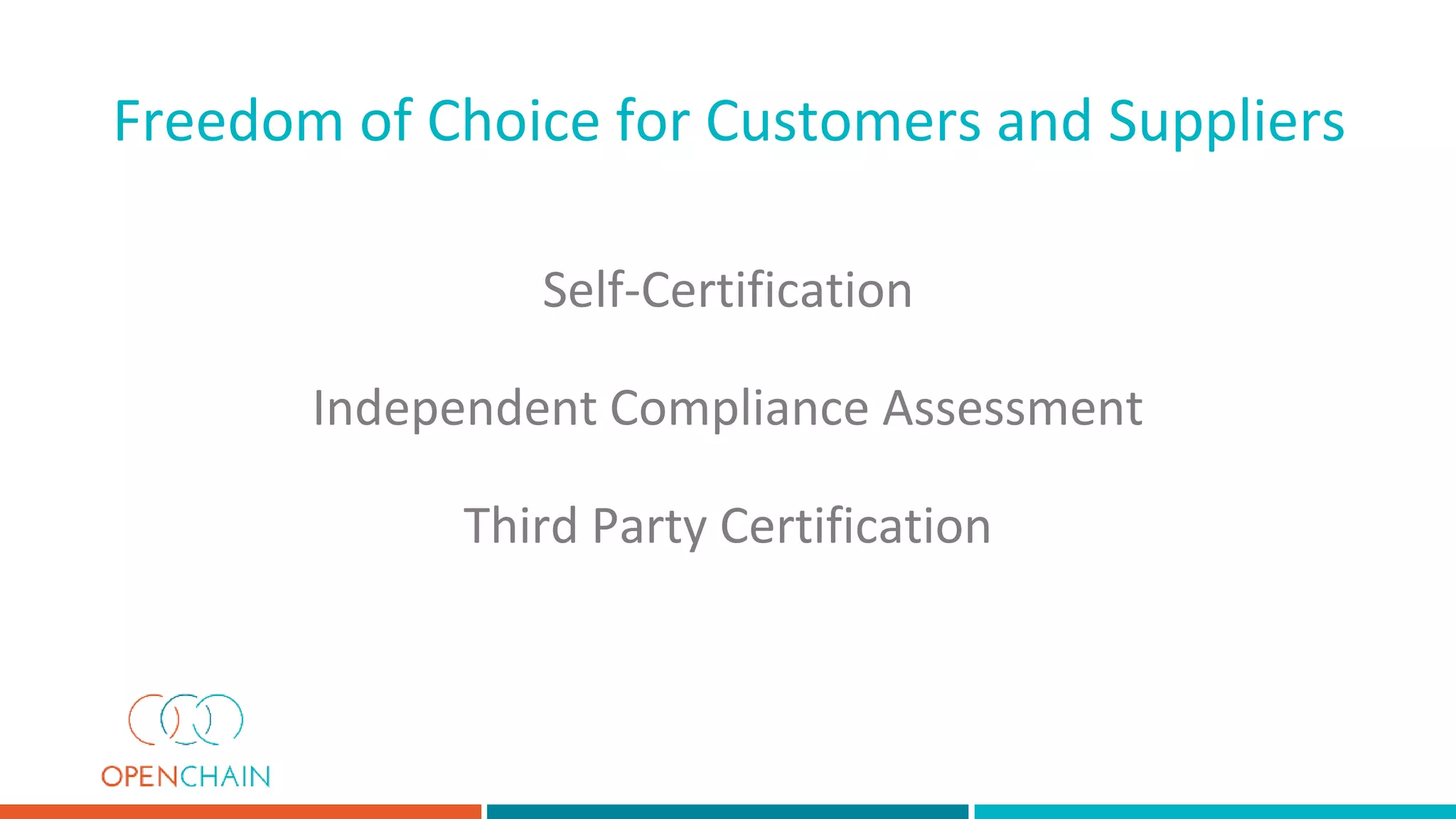 Self-Certification
Independent Compliance Assessment
Third Party Certification
Freedom of Choice for Customers and Suppliers
 