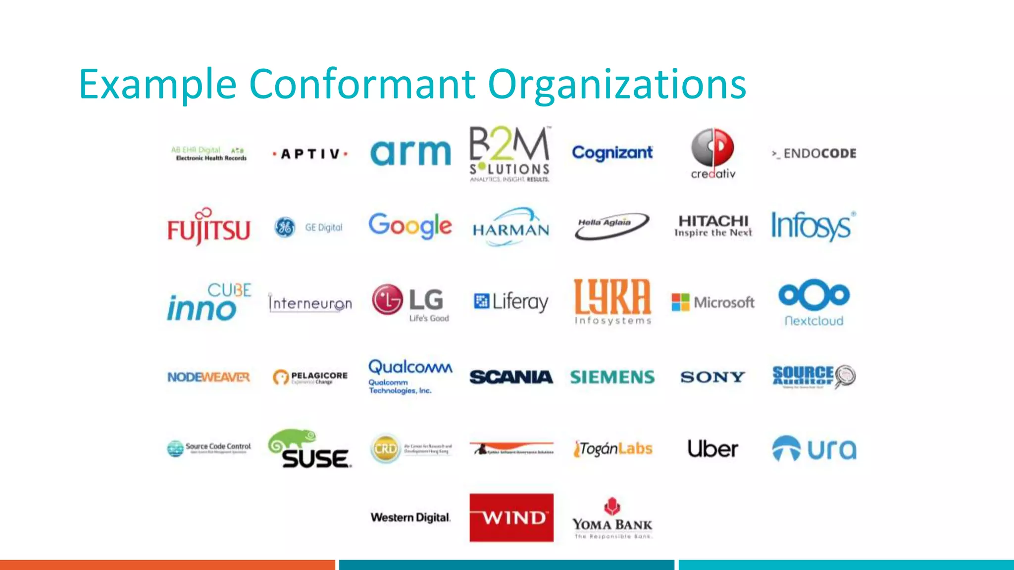 9
Example Conformant Organizations
 