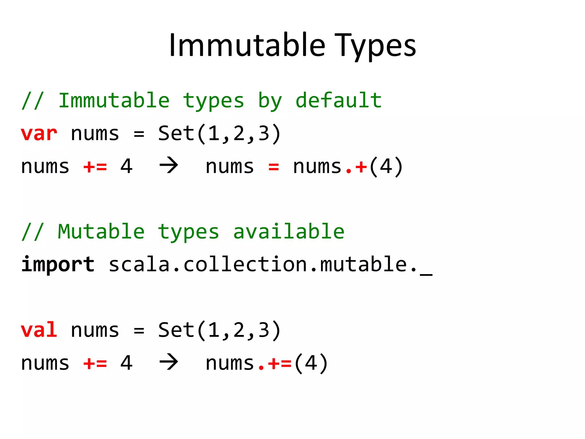 TraitstraitJVM {   override deftoString = super.toString+" runs on JVM" }traitStatic {  override deftoString = super.toString+" is Static" }// Traits are stackableclassScalaextends Language with JVM with Static {val name = "Scala"}println(newScala) "Scala runs on JVM is Static"
