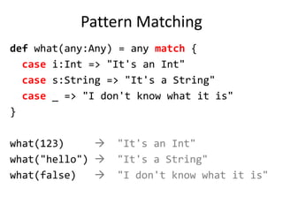 Classes// Classes (and abstract classes) like Javaabstract classLanguage(valname:String) {override deftoString = name}// Example implementationsclassScalaextendsLanguage("Scala")// Anonymous classvalscala = newLanguage("Scala") { /* empty */ }