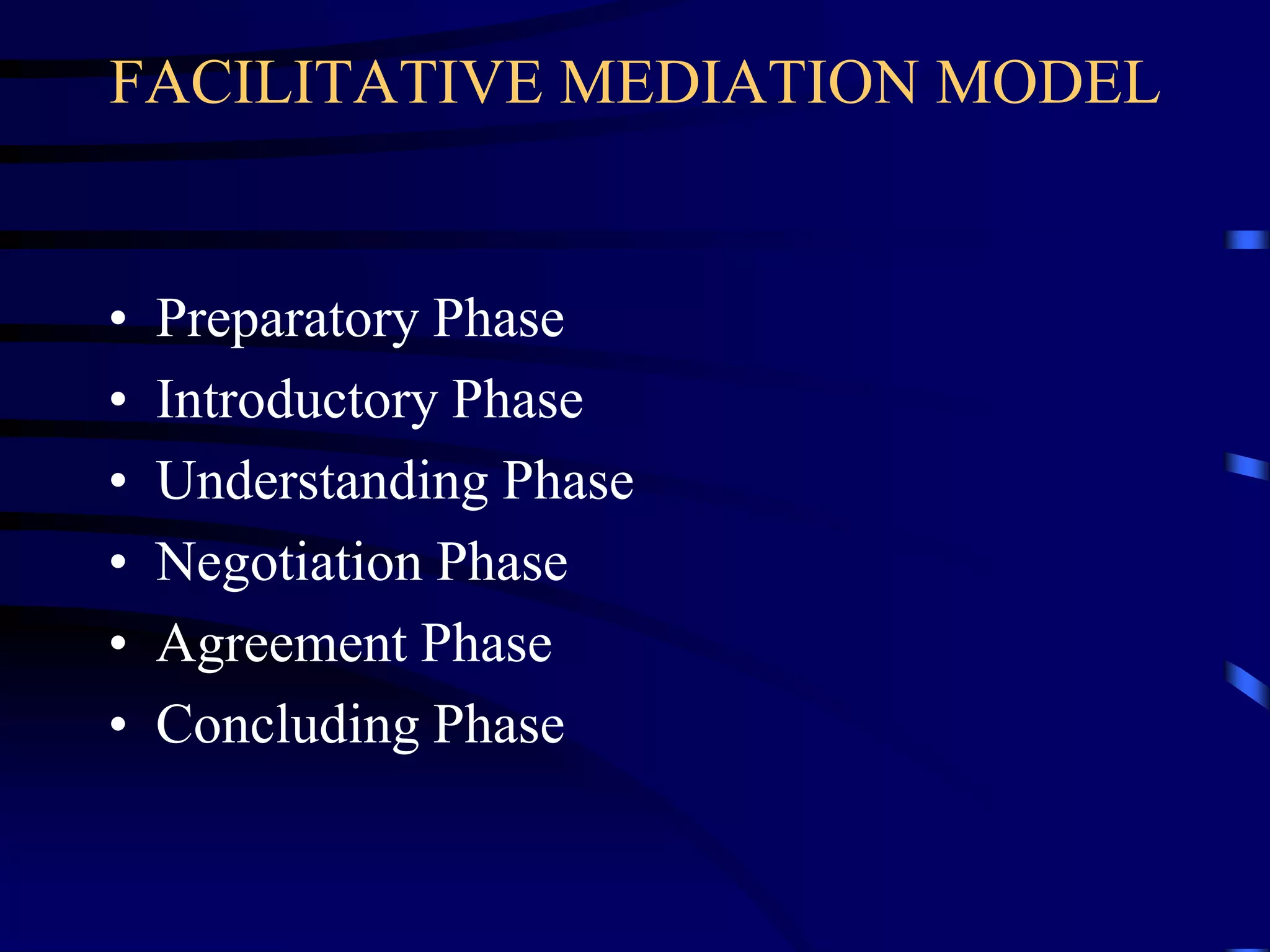 FACILITATIVE MEDIATION MODEL
• Preparatory Phase
• Introductory Phase
• Understanding Phase
• Negotiation Phase
• Agreement Phase
• Concluding Phase
 