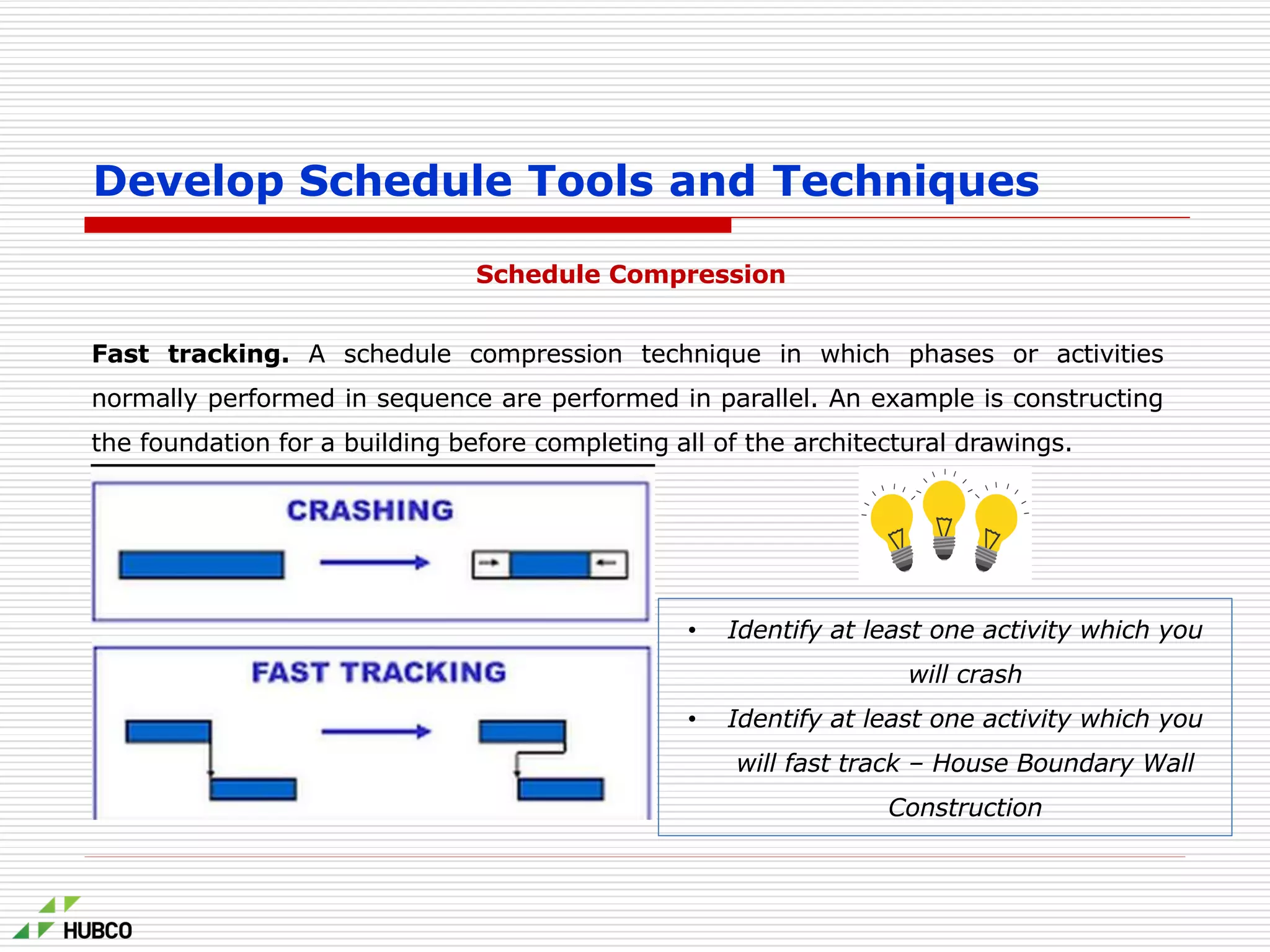 Schedule Compression
Fast tracking. A schedule compression technique in which phases or activities
normally performed in sequence are performed in parallel. An example is constructing
the foundation for a building before completing all of the architectural drawings.
Develop Schedule Tools and Techniques
• Identify at least one activity which you
will crash
• Identify at least one activity which you
will fast track – House Boundary Wall
Construction
 