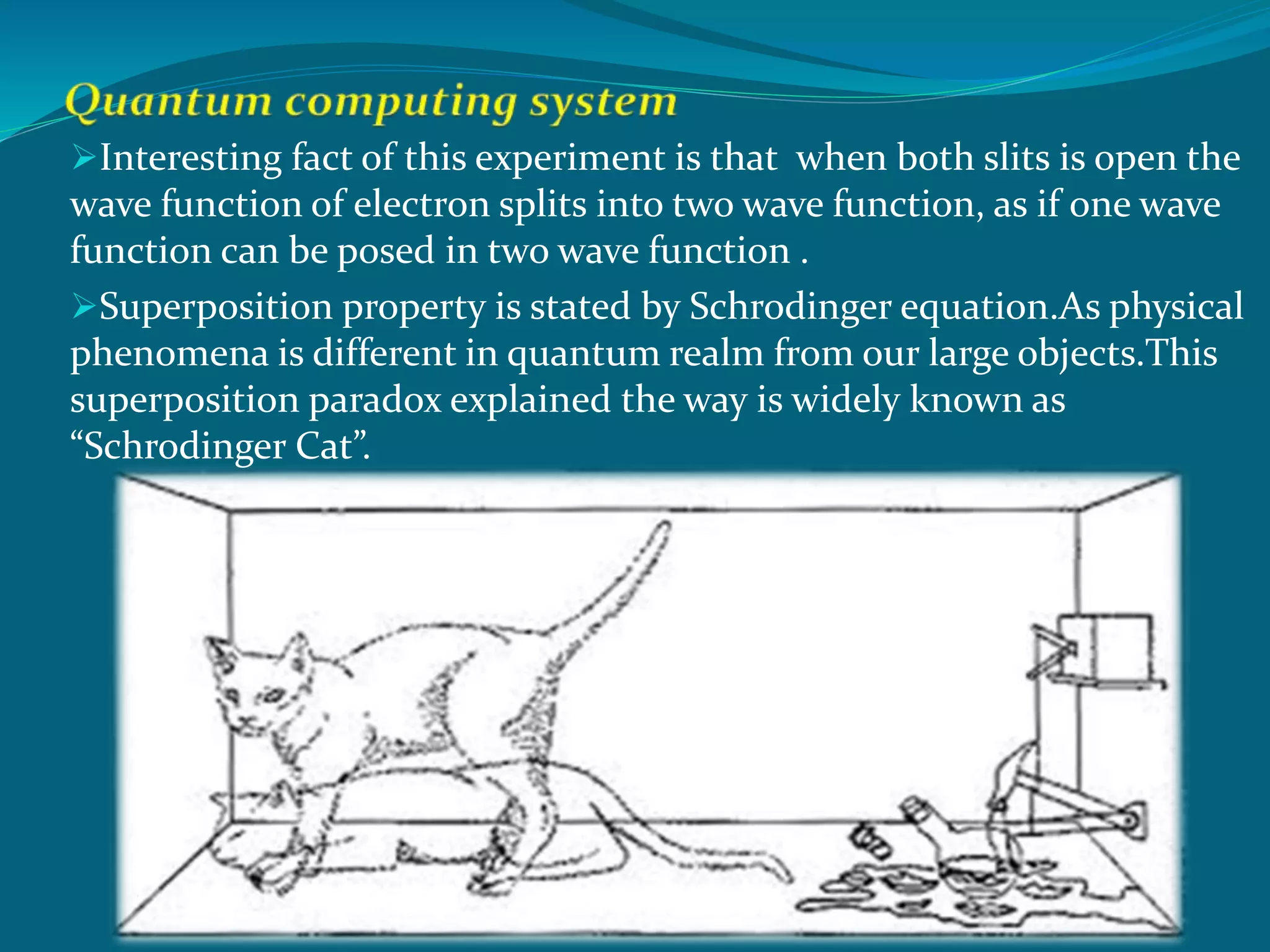Interesting fact of this experiment is that when both slits is open the
wave function of electron splits into two wave function, as if one wave
function can be posed in two wave function .
Superposition property is stated by Schrodinger equation.As physical
phenomena is different in quantum realm from our large objects.This
superposition paradox explained the way is widely known as
“Schrodinger Cat”.
 