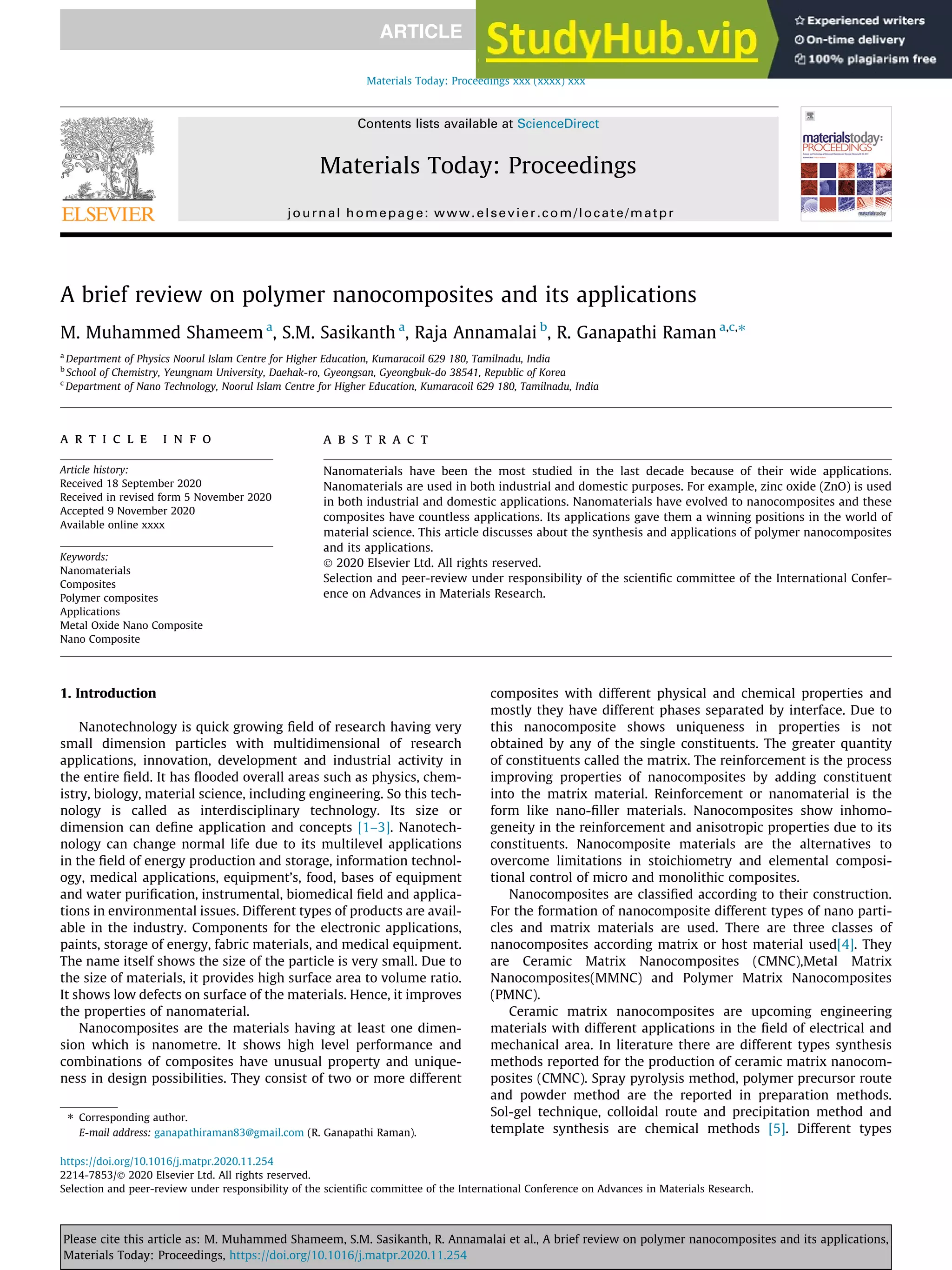 A Brief Review On Polymer Nanocomposites And Its Applications | PDF