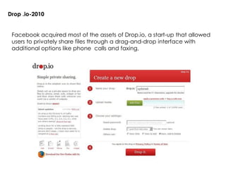 Drop .io-2010
Facebook acquired most of the assets of Drop.io, a start-up that allowed
users to privately share files through a drag-and-drop interface with
additional options like phone calls and faxing,
 