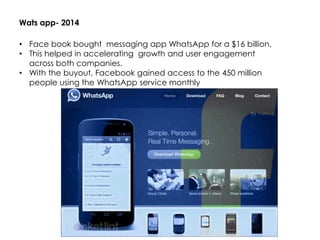 Wats app- 2014
• Face book bought messaging app WhatsApp for a $16 billion,
• This helped in accelerating growth and user engagement
across both companies.
• With the buyout, Facebook gained access to the 450 million
people using the WhatsApp service monthly
 