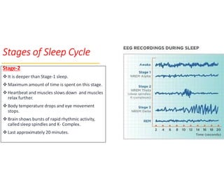 Stages of Sleep Cycle
Stage-2
 It is deeper than Stage-1 sleep.
 Maximum amount of time is spent on this stage. Maximum amount of time is spent on this stage.
 Heartbeat and muscles slows down and muscles
relax further.
 Body temperature drops and eye movement
stops.
 Brain shows bursts of rapid rhythmic activity,
called sleep spindles and K- Complex.
 Last approximately 20 minutes.
 