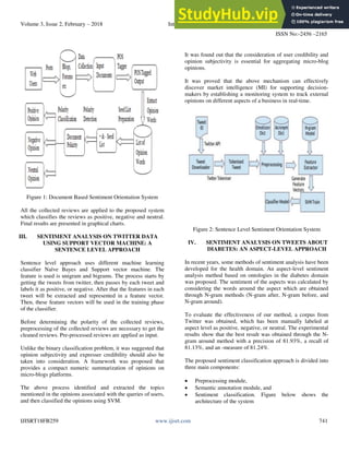 Volume 3, Issue 2, February – 2018 International Journal of Innovative Science and Research Technology
ISSN No:-2456 –2165
IJISRT18FB259 www.ijisrt.com 741
Figure 1: Document Based Sentiment Orientation System
All the collected reviews are applied to the proposed system
which classifies the reviews as positive, negative and neutral.
Final results are presented in graphical charts.
III. SENTIMENT ANALYSIS ON TWITTER DATA
USING SUPPORT VECTOR MACHINE: A
SENTENCE LEVEL APPROACH
Sentence level approach uses different machine learning
classifier Naïve Bayes and Support vector machine. The
feature is used is unigram and bigrams. The process starts by
getting the tweets from twitter, then passes by each tweet and
labels it as positive, or negative. After that the features in each
tweet will be extracted and represented in a feature vector.
Then, these feature vectors will be used in the training phase
of the classifier.
Before determining the polarity of the collected reviews,
preprocessing of the collected reviews are necessary to get the
cleaned reviews. Pre-processed reviews are applied as input.
Unlike the binary classification problem, it was suggested that
opinion subjectivity and expresser credibility should also be
taken into consideration. A framework was proposed that
provides a compact numeric summarization of opinions on
micro-blogs platforms.
The above process identified and extracted the topics
mentioned in the opinions associated with the queries of users,
and then classified the opinions using SVM.
It was found out that the consideration of user credibility and
opinion subjectivity is essential for aggregating micro-blog
opinions.
It was proved that the above mechanism can effectively
discover market intelligence (MI) for supporting decision-
makers by establishing a monitoring system to track external
opinions on different aspects of a business in real-time.
Figure 2: Sentence Level Sentiment Orientation System
IV. SENTIMENT ANALYSIS ON TWEETS ABOUT
DIABETES: AN ASPECT-LEVEL APPROACH
In recent years, some methods of sentiment analysis have been
developed for the health domain. An aspect-level sentiment
analysis method based on ontologies in the diabetes domain
was proposed. The sentiment of the aspects was calculated by
considering the words around the aspect which are obtained
through N-gram methods (N-gram after, N-gram before, and
N-gram around).
To evaluate the effectiveness of our method, a corpus from
Twitter was obtained, which has been manually labeled at
aspect level as positive, negative, or neutral. The experimental
results show that the best result was obtained through the N-
gram around method with a precision of 81.93%, a recall of
81.13%, and an -measure of 81.24%.
The proposed sentiment classification approach is divided into
three main components:
• Preprocessing module,
• Semantic annotation module, and
• Sentiment classification. Figure below shows the
architecture of the system
 