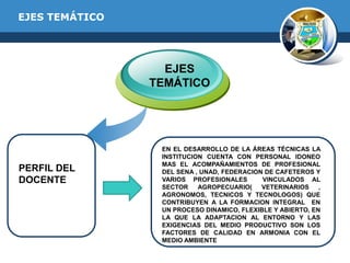 EJES TEMÁTICO

EJES
TEMÁTICO

PERFIL DEL
DOCENTE

EN EL DESARROLLO DE LA ÁREAS TÉCNICAS LA
INSTITUCION CUENTA CON PERSONAL IDONEO
MAS EL ACOMPAÑAMIENTOS DE PROFESIONAL
DEL SENA , UNAD, FEDERACION DE CAFETEROS Y
VARIOS PROFESIONALES
VINCULADOS AL
SECTOR
AGROPECUARIO(
VETERINARIOS
,
AGRONOMOS, TECNICOS Y TECNOLOGOS) QUE
CONTRIBUYEN A LA FORMACION INTEGRAL EN
UN PROCESO DINAMICO, FLEXIBLE Y ABIERTO, EN
LA QUE LA ADAPTACION AL ENTORNO Y LAS
EXIGENCIAS DEL MEDIO PRODUCTIVO SON LOS
FACTORES DE CALIDAD EN ARMONIA CON EL
MEDIO AMBIENTE

 