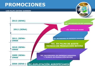 PROMOCIONES
LUIS FELIPE CENTENO GUERRERO

2013 (SENA)
TEC. MAYORDOMIA EN EMP GANADERAS

2012 (SENA)

2011 (SENAUNAD
2010 (SENAUNAD
2009 (SENAUNAD

TEC- TECNICO EN VIVERO

TEC. MAYORDOMIA EN EMPRESAS GANADERA

TEC. EN PALMA DE ACEITE
TECNICO EN PRODUCCIÓN BOVINA

TEC, MAYORDOMIA EN EMPRESAS GANADERA
Y TECNICO EN PRODUCCIÓN BOVINA

2008 (SENA-) TEC.EXPLOTACIÓN AGROPECUARIA

 