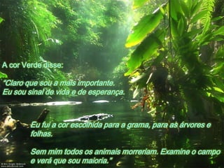 A cor Verde disse:

“Claro que sou a mais importante.
Eu sou sinal de vida e de esperança.



        Eu fui a cor escolhida para a grama, para as árvores e
        folhas.

        Sem mim todos os animais morreriam. Examine o campo
        e verá que sou maioria.”
 