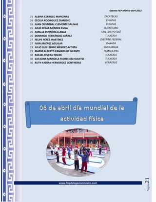 Gaceta FIEP México-abril 2013

25   ALBINA CERRILLO MANCINAS                            ZACATECAS
26   CECILIA RODRIGUEZ ZAMUDIO                             CHIAPAS
26   JUAN CRISTOBAL CLEMENTE SALINAS                       CHIAPAS
26   JULIO CÉSAR MÉNDEZ ÁVILA                           QUERÉTARO
26   AMALIA ESPINOZA LLANAS                           SAN LUIS POTOSÍ
26   DOMINGO HERNÁNDEZ JUÁREZ                             TLAXCALA
27   FELIPE PÉREZ MARTÍNEZ                           DISTRITO FEDERAL
27   IVÁN JIMÉNEZ AGUILAR                                  OAXACA
29   JULIO GUILLERMO MÉNDEZ ACOSTA                      CHIHUAHUA
29   MARIO ALBERTO CAMARILLO INFANTE                    TAMAULIPAS
30   RAFAEL RIVERA TOVAR                                  TLAXCALA
30   CATALINA MARICELA FLORES XELHUANTZI                  TLAXCALA
30   RUTH YADIRA HERNÁNDEZ CONTRERAS                     VERACRUZ




                                                                                           21




                      www.fiepdelegacionmexico.com
                                                                                           Página
 