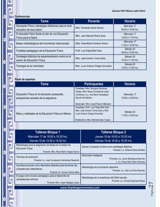 Gaceta FIEP México-abril 2013

Conferencias
                          Tema                                                Ponente                                     Horario
 Educación Física, estrategias didácticas para el nivel                                                                  Miércoles 17
                                                                Mtro. Fernando Arceo Alonzo
 educativo de secundaria                                                                                               09:00 a 10:00 hrs.
 El educador físico frente al reto de una Educación                                                                      Miércoles 17
                                                                Mtro. Juan Manuel Rivera Sosa
 Física para la Salud                                                                                                  10:00 a 11:00 hrs.
                                                                                                                         Miércoles 17
 Bases metodológicas del movimiento intencionado                Mtra. Gwendoline Centeno Amaro
                                                                                                                       11:00 a 12:00 hrs.
                                                                                                                          Sábado 20
 Finalidad pedagógica de la Educación Física                    Profr. Luis Felipe Brito Soto
                                                                                                                       09:00 a 10:00 hrs.
 Estrategia didáctica de experimentación motriz en la                                                                     Sábado 20
                                                                Mtro. José Antonio Torres Solís
 sesión de Educación Física                                                                                            10:00 a 11:00 hrs.
                                                                                                                          Sábado 20
 Fisiología de la motricidad                                    Mtro. Lucio Antonio Ortega Cervantes
                                                                                                                       12:00 a 13:00 hrs.



Panel de expertos
                          Tema                                            Participantes                                   Horario
                                                                Panelistas: Mtra. Georgina Sandoval
                                                                Ortega, Mtra. Nancy Constancia López
 Educación Física en la educación preescolar,                   Contreras y Lic. Ana María Guadalupe                     Miércoles 17
 perspectivas actuales de la asignatura                         Alarcón De Martino                                     12:00 a 13:00 hrs.

                                                                Moderador: Mtro. Ausel Rivera Villafuerte
                                                                Panelistas: Profr. Luis Felipe Brito Soto,
                                                                Mtro. José Antonio Torres Solís y Mtro.
                                                                                                                          Sábado 20
 Mitos y realidades de la Educación Física en México            Lucio Antonio Ortega Cervantes
                                                                                                                       11:00 a 12:00 hrs.
                                                                Moderadora: Mtra. Marisela Islas Vargas




                    Talleres Bloque 1                                                         Talleres Bloque 2
             Miércoles 17 de 16:00 a 18:30 hrs.                                       Jueves 18 de 16:00 a 18:30 hrs.
              Viernes 19 de 12:00 a 14:30 hrs                                         Viernes 19 de 16:00 a 18:30 hrs.
 Metodología para la asignación de tareas en la sesión de
                                                                       Danza e iniciación al ritmo como estrategia didáctica
 Educación Física
                                                                                                              Ponente: Lic. Roberto Pérez Morales
                            Ponente: Mtra. Rosa María Vargas García
                                                                       Motricidad inteligente
 Técnicas de animación
                                                                                                        Ponentes: Lic. Javier Barbabosa Ramírez
                   Ponente: Lic. José Concepción Hernández Reséndiz
                                                                                                               y Lic. Oscar Noé Yáñez Almanza
 Gymkhana escolar como alternativa didáctica para favorecer las
                                                                       Metodología de la Iniciación deportiva
 competencias matemáticas
                                                                                                             Ponente: Lic. José Luis Díaz Ramírez
                                    Ponente: Dr. Horacio García Mata
 El juego como recurso pedagógico para el desarrollo de
                                                                       Metodología de la enseñanza del fútbol escolar
 competencias motrices
                                                                                                             Ponente: Lic. Enrique Espinosa Reyes
                                 Ponente: Mtro. Jorge Gallegos López
                                                                                                                                                    27




                                               www.fiepdelegacionmexico.com
                                                                                                                                                    Página
 