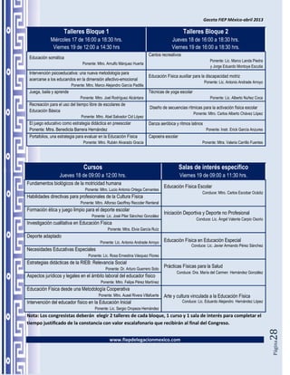 Gaceta FIEP México-abril 2013

                     Talleres Bloque 1                                                          Talleres Bloque 2
             Miércoles 17 de 16:00 a 18:30 hrs.                                          Jueves 18 de 16:00 a 18:30 hrs.
              Viernes 19 de 12:00 a 14:30 hrs                                            Viernes 19 de 16:00 a 18:30 hrs.
                                                                           Cantos recreativos
 Educación somática
                                                                                                                Ponente: Lic. Marco Landa Piedra
                                 Ponente: Mtro. Arnulfo Márquez Huerta
                                                                                                                y Jorge Eduardo Montoya Escutia
 Intervención psicoeducativa: una nueva metodología para
                                                                           Educación Física auxiliar para la discapacidad motriz
 acercarse a los educandos en la dimensión afectivo-emocional
                                                                                                             Ponente: Lic. Antonio Andrade Arroyo
                          Ponente: Mtro. Marco Alejandro García Padilla
 Juega, baila y aprende                                                    Técnicas de yoga escolar
                               Ponente: Mtro. Joel Rodríguez Alcántara                                          Ponente: Lic. Alberto Nuñez Coca
 Recreación para el uso del tiempo libre de escolares de
                                                                            Diseño de secuencias rítmicas para la activación física escolar
 Educación Básica
                                                                                                      Ponente: Mtro. Carlos Alberto Chávez López
                                Ponente: Mtro. Abel Salvador Cid López
 El juego educativo como estrategia didáctica en preescolar                Danza aeróbica y ritmos latinos
 Ponente: Mtra. Benedicta Barrera Hernández                                                                   Ponente: Instr. Erick García Anzures
 Portafolios, una estrategia para evaluar en la Educación Física           Capoeira escolar
                                 Ponente: Mtro. Rubén Alvarado Gracia                                      Ponente: Mtra. Valeria Carrillo Fuentes




                                 Cursos                                                       Salas de interés específico
                  Jueves 18 de 09:00 a 12:00 hrs.                                             Viernes 19 de 09:00 a 11:30 hrs.
Fundamentos biológicos de la motricidad humana
                                                                                     Educación Física Escolar
                                  Ponente: Mtro. Lucio Antonio Ortega Cervantes
                                                                                                           Conduce: Mtro. Carlos Escobar Ocádiz
Habilidades directivas para profesionales de la Cultura Física
                               Ponente: Mtro. Alfonso Geoffrey Recoder Renteral
Formación ética y juego limpio para el deporte escolar
                                                                                     Iniciación Deportiva y Deporte no Profesional
                                      Ponente: Lic. José Pilar Sánchez González
                                                                                                        Conduce: Lic. Ángel Valente Carpio Osorio
Investigación cualitativa en Educación Física
                                                Ponente: Mtra. Elvia García Ruíz
Deporte adaptado
                                            Ponente: Lic. Antonio Andrade Arroyo     Educación Física en Educación Especial
                                                                                                     Conduce: Lic. Javier Armando Pérez Sánchez
Necesidades Educativas Especiales
                                    Ponente: Lic. Rosa Ernestina Vásquez Flores
Estrategias didácticas de la RIEB: Relevancia Social
                                               Ponente: Dr. Arturo Guerrero Soto
                                                                                     Prácticas Físicas para la Salud
                                                                                           Conduce: Dra. María del Carmen Hernández González
Aspectos jurídicos y legales en el ámbito laboral del educador físico
                                            Ponente: Mtro. Felipe Pérez Martínez
Educación Física desde una Metodología Cooperativa
                                           Ponente: Mtro. Ausel Rivera Villafuerte   Arte y cultura vinculada a la Educación Física
Intervención del educador físico en la Educación Inicial                                        Conduce: Lic. Eduardo Alejandro Hernández López
                                        Ponente: Lic. Sergio Oropeza Hernández
Nota: Los congresistas deberán elegir 2 talleres de cada bloque, 1 curso y 1 sala de interés para completar el
tiempo justificado de la constancia con valor escalafonario que recibirán al final del Congreso.
                                                                                                                                                     28




                                                  www.fiepdelegacionmexico.com
                                                                                                                                                     Página
 