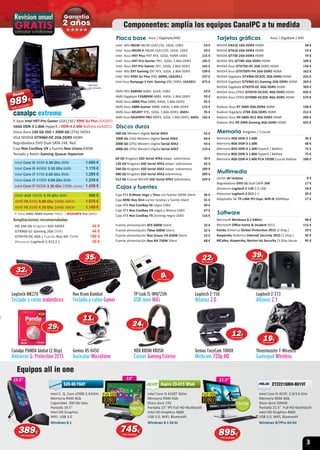 3
19.5”19.5”
Equipos all in one
23” 21.5”
P. base Intel H97-Pro Gamer LGA1150 / X99S SLI Plus LGA2011
16Gb DDR-3 1.866 HyperX / DDR-4 2.400 Ballistix LGA2011
Disco duro 120 Gb SSD + 2000 Gb (2Tb) SATA3
VGA NVIDIA GTX960-OC 2Gb DDR5 HDMI
Regrabadora DVD Dual SATA 24X, Red
Caja Nox Coolbay VX y fuente Nox Urano 650W
Teclado y Ratón Gaming Quasar Hyperion
canalpc extreme
P. base AMD A88X-Gamer FM2+ / M5A99FX Pro AM3+
AMD A10 7850K 3.70 Ghz 4Mb 989 €
AMD FX 8350 4.00 Ghz 16Mb AM3+ 1.079 €
AMD FX 9590 4.70 Ghz 16Mb AM3+ 1.149 €
Ampliaciones recomendadas
HD 240 Gb Kingston SSD SATA3 44 €
GTX960 G1 Gaming 2Gb DDR5 44 €
GTX970-OC 4Gb y Fuente Nox NX 750W 190 €
Altavoces Logitech Z-313 2.1 39 €
Intel Core i5 4570 2.9/3.6 GHz
Memoria RAM 4Gb
Disco duro 500GB
Pantalla 21.5” Full HD Multitáctil
Intel HD Graphics 4600
USB 3.0, WIFI, Bluetooth
Windows 8/7Pro 64-bit
ET2221IUKH-B019T
Intel Core i3 4150T 3GHz
Memoria RAM 4Gb
Disco duro 1Tb
Pantalla 23” IPS Full HD Multitáctil
Intel HD Graphics 4600
USB 3.0, WIFI, Bluetooth
Windows 8.1 64-bi
Aspire Z3-615 WtubAspire Z3-615 Wtub
Componentes: amplía los equipos CanalPC a tu medida
Canalpc PANDA Global (2 Disp)
Antivirus G. Protection 2015
Genius HS-04SU
Auricular Micrófono
NOX KROM KRUSH
Cascos Gaming Estereo
Genius FaceCam 1000X 
Webcam 720p HD
Thrustmaster T-Wireless
Gamepad Wireless
Logitech MK270
Teclado y ratón inalámbrico
Nox Krom Kombat
Teclado y ratón Gamer
TP-Link TL-WN725N
USB mini WiFi
Logitech Z-150
Altavoz 2.0
Logitech Z-313
Altavoz 2.1
Intel Core i5 4590 3.30 Ghz 6Mb 1.069 €
Intel Core i5 4690K 3.50 Ghz 6Mb 1.119 €
Intel Core i7 4790 3.60 Ghz 8Mb 1.209 €
Intel Core i7 4790K 4.00 Ghz 8Mb 1.239 €
Intel Core i7 5820K 3.30 Ghz 15Mb LGA2011 1.439 €
Intel C. Q. Core J2900 2.41GHz
Memoria RAM 4Gb
Capacidad 500 Gb Sata
Pantalla 19.5”
Intel HD Graphics
WIFI, USB 3.0
Windows 8.1
S20-00 F0AYS20-00 F0AY
Placa base
Intel MSI H81M H81M LGA1150, 16Gb, USB3 53 €
Intel Asus H81M-K H81M LGA1150, 16Gb, USB3 59 €
Intel Asus H97-Plus H97 ATX, 32Gb, HDMI USB3 115 €
Intel Asus H97-Pro Gamer H97, 32Gb, 1.866 DDR3 145 €
Intel Asus Z97-Pro Gamer Z97, 32Gb, 1.866 DDR3 165 €
Intel MSI Z97 Gaming Z97 ATX, 32Gb, 1.866 DDR3 199 €
Intel MSI X99S SLI Plus X99, DDR4, LGA2011 237 €
Intel Asus Rampage V Extr. Gaming X99, DDR4, LGA2011 475 €
AMD MSI A68HM A68H, 32Gb, USB3 53 €
AMD Gigabyte F2A88XM A88X, 64Gb, 1.866 DDR3 59 €
AMD Asus A88X-Plus A88X, 64Gb, 1.866 DDR3 95 €
AMD Asus A88X-Gamer A88X, 64Gb, 1.866 DDR3 115 €
AMD Asus M5A97 970, 32Gb, 1.866 DDR3, AM3+ 95 €
AMD Asus M5A99FX PRO 990FX, 32Gb, 1.866 DDR3, AM3+ 165 €
Asus / Gigabyte/MSI
Discos duros
500 Gb Western Digital Serial ATA3 55 €
1000 Gb (1tb) Western Digital Serial ATA3 64 €
2000 Gb (2Tb) Western Digital Serial ATA3 93 €
3000 Gb (3Tb) Western Digital Serial ATA3 119 €
60 Gb Kingston SSD Serial ATA3 adapt. sobremesa 56 €
120 Gb Kingston SSD Serial ATA3 adapt. sobremesa 65 €
240 Gb Kingston SSD Serial ATA3 adapt. sobremesa 109 €
480 Gb Kingston SSD Serial ATA3 Sobremesa 209 €
512 Gb Crucial MX100 SSD Serial ATA3 Sobremesa 229 €
Memoria
Memoria 4Gb DDR-3 1.600 36 €
Memoria 8Gb DDR-3 1.600 68 €
Memoria 8Gb DDR-3 1.600 HyperX / Ballistx 72 €
Memoria 8Gb DDR-3 1.866 HyperX / Ballistx 75 €
Memoria 8Gb DDR-4 2.400 PC4-19200 Crucial Ballistx 100 €
NVIDIA EN210 1Gb DDR3 HDMI 38 €
NVIDIA GT610 2Gb DDR3 HDMI 53 €
NVIDIA GT730 2Gb DDR3 HDMI 74 €
NVIDIA MSI GT740 2Gb DDR5 HDMI 109 €
NVIDIA Asus GTX750-OC 2Gb DDR5 HDMI 136 €
NVIDIA Asus GTX750TI-PH 2Gb DDR5 HDMI 162 €
NVIDIA Gigabyte GTX960-DC2OC 2Gb DDR5 HDMI 225 €
NVIDIA Gigabyte GTX960 G1 Gaming 2Gb DDR5 HDMI 269 €
NVIDIA Gigabyte GTX970-OC 4Gb DDR5 HDMI 399 €
NVIDIA Asus STRIX GTX970-DC2OC 4Gb DDR5 HDMI 435 €
NVIDIA Asus STRIX GTX980-DC2OC 4Gb DDR5 HDMI 679 €
Radeon Asus R7 260X 2Gb DDR5 HDMI 138 €
Radeon Gigabyte 270X 2Gb DDR5 HDMI 212 €
Radeon Asus R9 280X-DC2 3Gb DDR5 HDMI 289 €
Radeon MSI R9 290X Gaming 4Gb DDR5 HDMI 425 €
Tarjetas gráﬁcas Asus / Gigabyte / MSI
Lector de tarjetas 8 €
Regrabadora DVD LG Dual SATA 24X 17 €
Altavoces Logitech Z-120 2.0 USB 18 €
Altavoces Logitech Z-313 2.1 39 €
Adaptador W. TP-LINK PCI Expr. Wiﬁ-N 300Mbps 17 €
Multimedia
Caja ATX B-Move Vega y Thea con fuente 500W Silent 36 €
Caja MINI Nox Slim Lector tarjetas y fuente Silent 55 €
Caja ATX Nox Coolbay SX negra USB3 49 €
Caja ATX Nox Coolbay VX negra o Blanca USB3 67 €
Caja ATX Nox Coolbay TX Docking negra USB3 116 €
Fuente alimentación ATX 600W Silent 22 €
Fuente alimentación TMax 600W Silent 32 €
Fuente alimentación Nox Urano VX 650W Silent 52 €
Fuente alimentación Nox NX 750W Silent 68 €
Cajas y fuentes
Microsoft Windows 8.1 64bits 98 €
Microsoft Oﬃce home & Student 2013 115 €
Panda Antivirus Global Protection 2015 (2 Disp.) 29 €
Kaspersky Antivirus Internet Security 2015 (1 Disp.) 35 €
MCafee, Kaspersky, Norton Int.Security (3 Disp.)desde 45 €
Software
Kingston / Crucial
389389€
IVA incluido
745745€
IVA incluido 895895€
IVA incluido
2929€
IVA incluido
353535€
IVA incluido
99€
IVA incluido
3939€
IVA incluido
1212€
IVA incluido
1919€
IVA incluido
1111€
IVA incluido
2222€
IVA incluido
2424€
IVA incluido
3232€
IVA incluido
canalpccanalpc
989989€
Desde
Monitor
no incluido
 