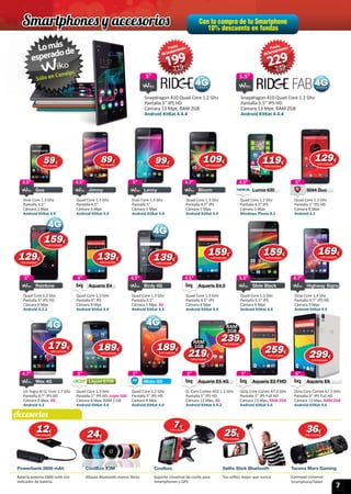 7
Con la compra de tu Smartphone
10% descuento en fundas
Powerbank 2600 mAh CoolBox X3M Coolbox Selfie Stick Bluetooth Tacens Mars Gaming
Batería externa 2600 mAh con
Indicador de batería
Altavoz Bluetooth manos libres Soporte Universal de coche para
Smartphones y GPS
Tus selﬁes mejor que nunca Gamepad Universal
Smartphone/Tablet
h
5”
Dual Core 1.3 Ghz
Pantalla 5”
Cámara 5 Mpx
Android KitKat 4.4
Lenny
5”3.5”
Dual Core 1.3 Ghz
Pantalla 3.5”
Cámara 2 Mpx
Android KitKat 4.4
Goa
3.5”
Goa
4.7”
Quad Core 1.3 Ghz
Pantalla 4.7” IPS
Cámara 5 Mpx
Android KitKat 4.4
Bloom
4.7”
4”
Quad Core 1.3 GHz
Pantalla 4” IPS
Cámara 8 Mpx
Android KitKat 4.4
Aquaris E4
4”
Aquaris E4Aquaris E4
5”
Quad Core 1.3 Ghz
Pantalla 5ʺ IPS HD
Cámara 8 Mpx
Android 4.2.2
Rainbow
5” 4.5”
Quad Core 1.3 Ghz
Pantalla 4.5”
Cámara 5 Mpx, 4G
Android KitKat 4.4
Birdy 4G
4.5” 4.5”
Quad Core 1.3 GHz
Pantalla 4.5” IPS
Cámara 8 Mpx
Android KitKat 4.4
Aquaris E4.5
4.5”
Aquaris E4.5Aquaris E4.5
4.7”
nV Tegra 4I Q. Core 1.7 Ghz
Pantalla 4.7” IPS HD
Cámara 8 Mpx, 4G
Android 4.3
Wax 4G
4.7”
Wax 4G
4.7”
Octa-Core 1.4 Ghz
Pantalla 4.7” IPS HD
Cámara 8 Mpx
Android KitKat 4.4
Highway Signs
4.7”
5”
Octa Core Cortex A7 2 GHz
Pantalla 5” IPS Full HD
Cámara 13 Mpx, RAM 2GB
Android KitKat 4.4
Aquaris E5 FHD
5”
Aquaris E5 FHDAquaris E5 FHD
5”
Quad Core 1.3 GHz
Pantalla 5” IPS HD, triple SIM
Cámara 8 Mpx, RAM 2 GB
Android KitKat 4.4
Liquid E700
5” 5”
Q. Core Cortex A53 1.2 GHz
Pantalla 5” IPS HD
Cámara 13 Mpx, 4G
Android KitKat 4.4.2
Aquaris E5 4G
5”
Aquaris E5 4GAquaris E5 4G
6”
Octa Core Cortex A7 2 GHz
Pantalla 6” IPS Full HD
Cámara 13 Mpx, RAM 2GB
Android KitKat 4.4
Aquaris E6
6”
Aquaris E6Aquaris E6
5”
Quad Core 1.2 GHz
Pantalla 5” IPS HD
Cámara 8 Mpx
Android KitKat 4.4
Moto G5
5”
4.5”
Quad Core 1.3 Ghz
Pantalla 4.5”
Cámara 5 Mpx
Android KitKat 4.4
Jimmy
4.5”
Jimmy
5.5”
Quad Core 1.3 Ghz
Pantalla 5.5” IPS
Cámara 8 Mpx
Android KitKat 4.4
Slide Black
5.5”
Slide Black
5”
Quad Core 1.2 Ghz
Pantalla 5ʺ IPS HD
Cámara 8 Mpx
Android 4.2
5044 Duo
5”
5044 Duo5044 Duo
4.5”
Quad Core 1.2 Ghz
Pantalla 4.5ʺ IPS
Cámara 5 Mpx
Windows Phone 8.1
Lumia 630
4.5”
1212€
IVA incluido 2424€
IVA incluido
2525€
IVA incluido
5959€
IVA incluido
109109€
IVA incluido
9999€
IVA incluido
139139€
IVA incluido
139139€
IVA incluido
129129€
IVA incluido
189189€
IVA incluido
159159€
IVA incluido
189189€
IVA incluido
169169€
IVA incluido
259259€
IVA incluido
179179€
IVA incluido
299299€
IVA incluido
8989€
IVA incluido
219219€
IVA incluido
RAM
1GB
77€
IVA incluido
3636€
IVA incluido
239239€
IVA incluido
RAM
2GB
159159€
IVA incluido
129129€
IVA incluido119119€
IVA incluido
Smartphones y accesorios
Accesorios
159159€
IVA incluido
Android KitKat 4.4
159159
5.5”
Snapdragon 410 Quad Core 1.2 Ghz
Pantalla 5.5” IPS HD
Cámara 13 Mpx, RAM 2GB
Android KitKat 4.4.4
5.5”5”
Snapdragon 410 Quad Core 1.2 Ghz
Pantalla 5” IPS HD
Cámara 13 Mpx, RAM 2GB
Android KitKat 4.4.4
5”5”5” 5.5”5.5”
 