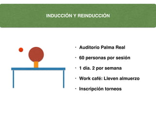 INDUCCIÓN Y REINDUCCIÓN
• Auditorio Palma Real
• 60 personas por sesión
• 1 día. 2 por semana
• Work café: Lleven almuerzo
• Inscripción torneos
v
 