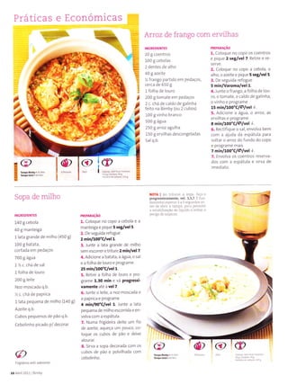 Práticas e Económicas
Arroz de frango com ervÍlhas
i
I
,
s
INGREOICNTES
20 g coentros
100 I cebolas
2 dentes de a ho
40 g azeite
% frafgo partido em pedaços,
cerca de 650I
l folha de louro
200 g tomate em pedaços
2 c. chá de caldo de galinha
feito na Bimby (ou 2 cubos)
100 g vinho branco
500 g água
250 I arroz agulha
150 g ervilhas descongeladas
5al q.b.
PREPARAçÃO
1. Coloque no copo os coentros
e pique 2 seg/vel 7. Retire e re-
5erve.
2. Coloque no copo a cebola, o
a ho, o azeite e pique 5 seg/vel 5.
t. De seguida refogue
5 min/VaÍoma/vel 1.
4. lunte o frango, a fo ha d,. lou-
ro, o tornate, o caldo de galinha,
o vinho e programe
rs minlt,00"ClÇlvel l .
5. Adicione a âgua, o at(oz, as
ervilhas e programe
a mínlLoo"clçlvel l .
6. Rectiflque o sal, envoJva bem
com a ajuda da espátula para
soltar o arroz do fundo do copo
e programe mais
7 minl1.oo"Clçlvel L
7. Envo va os coentros reserva_
dos com a espátula e sirva de
imedlato.
[ffi*,*" l9
@
Sopa de miÌho
INGREDIENÍES
140 g cebola
40 g rnanteiga
l lata grande de milho (450 g)
100 g batata,
cortada em pedaços
700 g água
1- /, .. chá de sal
l folha de louro
200 g leite
Noz moscada q.b.
I c. chá de pap(ica
l lata pequena de milho (1ao g)
Azeìte q.b.
Cubos pequenos de pão q.b.
Cebolinho picado p/ decorar
NoTÂ | Ao tÌìturel â sôpa, faç. o
progÌessivamente, vel. 3,5,7 E Íün
dam.ntaì espeÌar 3 â s s€gu.dos aIl
res de ãìrrir a tâmpn. Ì]rn i)cÌÌÌriliì
a estabìlizeção do liquido e evitar o
PREPARAçAO
l. Coloque no copo a cebola e a
manteiga e plque 5
'et/vel
5.
2. De seguida refogue
2 min/100'c/vel 1.
3. iunte a ata grande de milho
sem escorrer e triture 2 minluelT.
4. Adicione a batata, a água, o sal
e a fo ha de louro e programe
25 min/100"c/vel 1.
5. Retire a fo ha de louro e pro-
grame 1.30 min e vá progrersi-
vamente até à vel 7
6- lunte o eiÌe. a noz moscada e
a paprica e programe
4 min/90"C.lvel 1. lunte a lata
pequena de milho escorrida e en-
vo va com a espátula.
7, Nurna frigideira deÌte um fÌo
de aze te, aqueça um pouco, co
loque os cubos de pão e deixe
alou ra r
8. Sirva a sopa decorada com os
cubos de pão e polvllhada com
.ebollnho.
@
@
@
Frig deiía
16 Abril 2011 B mby
 