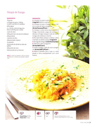Vatapá de frango
INGREOIENTES
70 gcaju
l frango de aprox. 1200 g,
s/ pele e partido em pedaços
600 g água
1c. chá de caldo de legumes
fejto na Bimby (ou l cubo)
2 pés de salsa
200 I pão tipo carcaça em pedaços
200 g cebola
2 dentes de alho
200 I tomate maduro
15I azeite
10I azeite de dendê ou óleo de
palma
200I leite de coco
Salsa picada q.b. p/ decorar
DlcA I o azeite de dendê ou óleo de palma
encontra se à venda nâs grandes superfí-
PREPARAçÃo
1. CoÌoque no copo o cajú e pìque
3 seg/vel 5. Retire e reserve. ,
2. Coloque no copo o frango, a água, o cal
do e os pés de salsa e programe:
to mínlv aloma/ç lvel.l'.
3. Co oque o cesto nurna taça e escorra o
frango, reservando a água da cozedura e
desosse o frango. Coloque o pão de molho
na água da cozedura e reserve.
4. No copo limpo coloque a cebola, o alho,
o tomate, os azeites e pique 5 5eg/vel 5.
5. De seguida refogue 5 min/Varoma/vel 1.
6. Adic one o oào e prograÍe
10 min/100"C/vel 2.
7..lunte o frango, o leite de coco e progra-
me tO minl1:00"Clç,lvel +.
8. Retire e polvilhe com o caju e a salsa
picada e sirva acompanhado com atroz
branco.
.{;t
ç
!
2574 Kca P.oteina 2229
r24 g H díatosde.a.bo.o:145 g
,t
"?
S"
a
,, ,,!lii,
,Ìú
CB
@
(E
t'*
I mby AbÍ 201117
 