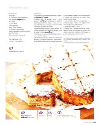 iill.i, I rl l.,l il,,' ll :,i.1
lt:lt,tAlútt:9 ,ft
2A0 E água
25 g fermento fresco de padeiro
500 gfãrinha Etpiga, tÌpo 65
60I azeite
1c. chá de sal
2 ovos grandes
300 g açúcaÍ amarelo
1 c. sopa de cãnela em pó
4 maçãs grandes s/ cascã e cortadas
em fatias finas
50 g miolo de noz (opcionâl)
Manteiga q.b. p/ untar
Farinha q.b. p/ po vi har
de apÍox.23x28 cnì
1. Coloque no copo a água e o fermento e progra-
me t,to minl37'Clvêl 2.
2. AdicÌone 400 g de farÌnha, o ãzeite e o sal e
amasse 2 Ínin/Ú/vêt',*. RetiÍe para um tabuleÌro
polvilhado corn farinha. CubÍa ã massa corn um
pano e deixe levedar num localmoÍnocerca de40
minutos ou até dobrãr de volume.
L Após esteternpo coloque a rnassa no copo, adi-
cione as restantes l00 gdeíarinha, os ovos,150 g
de açúcare amasse 2 min/Ú/"et'i.
.:. Numa ld'.r mtluíe a5 .êìl"ires 150 g de açLcaí
comacanelaereserve.
5. Num tabuleiro de aprox. 23x28 crn, untado com
manteigã e polvilhado com faÍinha, espalhe meta-
de dâ massa. Polvilhe com um terço da misÌura de
açúcarecane ã.coloquea rnaçã, o miolode noz,
e polvilhe com outro terço da mistura. cubra
conì a restante massa.
6. Com uma faca, desenhe losangos sobre a su-
perfície- Coloque a forma nuTr lugar morno e
deixe levedarcerca de40 minutos.
7. Pré aqueça oíorno a 180'C.
8. Polvi he com a restante mistura de açúcar e
canela e leve ao forno ceÍca de 40 rÌìinutos- Sem
desenformar, corte a boleÌma em osangos se
guindo os traços que desenhou antes.
DICA lPode substituiro f€rmento fresco de padeiro
poÌ % saqueta de fermenlo seco de padeiro, cerca
de5g
. se utilizaÌÍarinha tipo 55 acÌescent€ mâis 30 g
-
@
,b
!
t

rÜ
'rl
I É.
:t
tra,l .
t
^t
-. ì{
ç.
l
ì
r -'.g
I
t 1.
.-
r{
L,l .*.
. a't
'
)t
-.1ê' l
*:
!i
@
@
Tempo
- l,,
tçtt! i rì ,.
CB
câloÍias, 4199 kâl J Proteinr: 63 g
B rnb! Abr 201125
@
12 Pes9oa9
côÍdurâ, 36 Ê | Hidratoe de cãrbcno 793 g
 