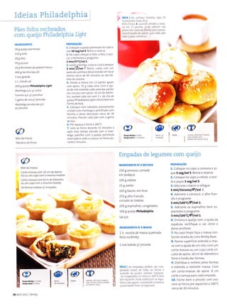 Ideias Philadelphia
Pães fofos recheados
com querjo Philadelphia Light
PREPARAçÃO
1. Coloque o queUo parmesão no toPo e
rale loseg/v€|9. Retire e reseíve
2. No copo coloqLre o eite, o óleo, o açú
car, o feíínefto e programe
2 mín/37"cluel L.
3. lunte â fàr nha. o ovo e o sa e amasse
z
^i"t1l"al.
ReÌiÍe, cubÍa coÍn um
panod€ cozinha ede xe l€vedarenr local
moÍno cercê d€ 40 m nutos ou até do'
4. D vida a marsa em 12 paítes iSlrals
com âprox.55 I cada uma Com a ajlr
d: do rolo estenda cada uíÌìa das paries
em .Ícu os coíì aprox.10 crn de dlâme_
iro, recheie cada um com 2 c. de chá de
qLrejoPh adeiphia /iglrt eÍeche bem em
5. Coloque num têbu elío previãm€nte
Lrntado com mant€iga e polvi hado conì
far nh. ê d€ xe descansar cercã de 30
minuios. Pincele cada pào.om a gema
6. Píé aqueça ofornoa 180'C.
7. Leve ao forno durante 15 minutos e
após esse teÍnpo Pincele coÍn a man
t€iga, polviLh€ com o queijo pêrmesão
Íeservado e vo te a co ocar no foÍno du_
DlcA I Se utilizar íarinha tipo 5s
acrescente mãis 30 g
. No Ponto 4. quando djvidir a mas
sa em 12 partes pod€ colocar um
praloem cima da Bimby para pesar.
ceÌtificando se âssim que cada pào
tem o peso correclo
INGREDIENTES
20 g queijo parm€são
1509 eite
20 gó eo
50 g açúcaí
20 gfernìento de padeiíoÍresco
400 g Íar nha tipo 65
l ovo gÍande
1c. chá de !al
200 gqueljo PhiladelPhiã rigàÍ
Manteiga q.b. p/ !ntar
Faíinha q.b. p/ polv har
1g€ma de ovo p/ pincelãr
ManteiEa anìolecidã q b
I
@ @,m
@
Empadas de legumes com quego
CoÍta-mãs9as.om 10 cm de diânìe
troou um copo corn a mesma .aedida
Corta massaç com 8 crn de dìâíneiío
ou um copo com a mesma rned da
ÌNGREDIENTES P/O RECHEIO
250 B cenoura, cortada
em pedaços
100 g cebola
25 g azeite
100 g bacon, em tirã5
250 galhofrãncês,
cortado às Íode as
200 g espinafres, congelados
10o g queijo Philadêlphia
Salq.b.
INGR:DIENTESP/AMASSÂ
1% receita de massa quebradã
felta na Bimby
l ovo batido p/ pincelar
DICA I As empadas pôdem ser con
geladâs antes de irem ao forno e
quando âs quise! utiÌirâr coLoque
as congeìadas no lomo a 180'C sem
pré aquecer Pode substituir os Ìegu
mes a seu gosto, mantendo a mesma
quântìdad," finâÌ de legumes
PREPARAçÃo
1. Coloque no copo a cenoura e Pi
que 5 ret/vel 5. RetlÍe e reserve.
2, coloque no copo a cebola, o azei
teepique3reg/vel5.
3. Adicione o bacon e Íefogue
5 minlvarcma|?,Ivel l.
4, Adiclone a cenouí4, o alho fran_
cês e pÍograme
s min/to0"c/í7vel 1.
5. Adìcione os espinafres bern es
premldos e programe
3 min/1oo"C/ç/vel L
6, Envolva o queijo com a ajuda da
espátula, rectÌfique o sal, retire e
deÌxe aÍefecer.
7. No copo limpo faca a massa con
forme Íeceita do LlvÍo Bimby Base.
8. Numa supeÍfície estenda a mas
sa com a ajuda de um ÍoLo, coTn uTrì
corta massas ou urn copo coÍte cír
culos de aprox- 10 crn de diâmetro e
foÍrê o fundo dãs formas.
9. Dlstribua o Íecheio pelas foímas
e estenda a restante massa. Com
uTn corta mãssas de aprox. 8 cm
corte a tampa paÍa cada empada.
10. Feche bem e pince e com ovo.
Leve ãoforno pré aquecldoa 180"C
cer.a de 30 rninutos.
f 'or"
fur,
24formas nìédias p/ empad.t
30Abrll2011 B mby
 