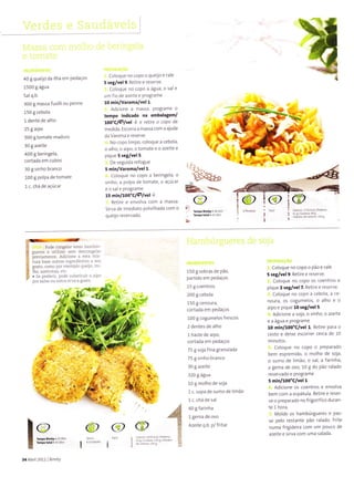 40 g queijo da llha ern Pedaços
1500 g águã
Salq b.
300I massa fuslllioL.l Pen ne
150 g cebola
1 dente de alho
25 8 aipo
500 gtomate maduro
30 g azelte
400 g beÍingela,
coÍtada em cubos
3o g vinho bÍanco
100 g po pa de torÌìate
1 c. chá de açúcar
Co oque no coPo o que jo e rale
5 .eg/vel9. Retire e reserve
Coloque no copo a água, o sal e
urn fio de âzelte e Programe
10 min/Varoma/vel 1.
Adicione ã massâ, programe o
tempo indicado na embâlagem/
aoo'clçlvel J e retìre o coPo de
medida. Escorra a massa com a ajuda
da Varoma e reserve.
No copo llrnpo, coloque a cebo a,
o alho, o alpo, o tornate e o azeite e
pique 5 seglvel 5.
De seguida refogue
5 min/varomã/vel 1.
coloque no copo a beringela o
vinho, a polpa de tomate, o açúcar
eo5a eprograme
ts miíl':oo'clç lvel l .
Retire e envolva corn a massa
sirva de irnediato Po vi hada com o
q!eìjo reservado.
@
@
t
Pode congeÌar esles hambiÌr
sueres e ulìlìzaÌ sem desconselâr
;reviamenlÊ. Âdicione a esla mis
tura base oulros ingÍÊdi€nt€s a seu
gosto como por exÊmplo {ÌLìeijo mr-
. Se prefÊrir pode substituir o aipo
porsalsa ou outÌa e aagoslo
150 g sobras de Pão,
partido em pedaços
15 g coentros
200I cebola
150 g ceno!ra,
cortada ern Pedaçot
100 g cogumelos frescos
2 dentes de alho
t haste de aipo,
coÍtada em pedaços
75 g soja fina granu adã
75 g vinho branco
30 g azeite
320 g água
10 g molho de soja
1 c. sopa de sumo de limão
1c. chá de sal
40 g farlnha
1 gernã de ovo
Azeite q.b. p/ fritar
coloque no copo o Pão e Íale
5 set/vel9. Retlre e Íeserve.
Coloque no copo os coentíos e
pique 2 reg/vel 7. Retlre e reserve.
coloque no copo a cebola, a ce-
nouta, 05 coBumelos, o a ho e o
aipo e pique 10 seg/vel 5.
Adicione a soja, o vinho, o azeite
eaáguaeprogÍarae
10 min/loo"C/v€l l. Retire Para o
cesto e deixe escorler cerca de 10
mlnutos.
Coloque no copo o Preparado
berÍì esprernido, o molho de soja,
o surno de lÌmão, o sal, a farìnha,
a gerÌìa de ovo, 10I do Pão Íalado
ÍeServado e pÍogÍarne
5 min/loo'c/vel1.
Adicione os coentÍos e envo va
bern com a espátula. Retlre e íeser
ve o preparado no friSorífico duÍan_
te t horã.
Molde os hãmbúr8ueres e Pas-
se pelo restante Pão raado. Frlte
numa frigldeiÍa com urn Pouco de
azeite e slrva com uma salada.
lffi**.
q']/
34Abíil2o11l Blmby
 