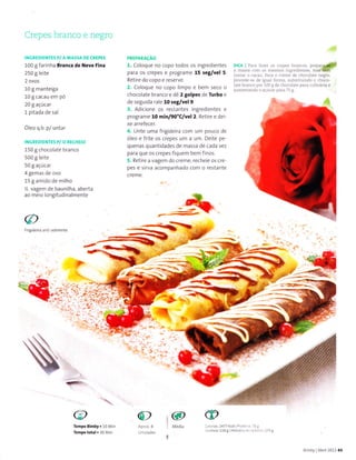 Crepes branco e negro
INCREDIENTES P/ A MA55A DT CREPES
100 g farinha BÌan(a de Nevê Fina
250 g eite
2 ovos
10 g manteiga
10 g cacau em pó
20 I açúcat
1 piÌada de sal
óleo q.b. p/ untar
tNcREDrrNÌÊS p/ O RECHETO
150I chocolate branco
500 g leite
50I açúcar
4 gemas de ovo
15 g amido de milho
% vagem de baunilha, aberta
ao meÌo longitudinalmente
íFr
PRÊPARAcÃo
1. Coloque no copo todos os ingredientes
para os crepes e programe 15 reg/vel 5.
RetÌre do copo e reserve.
2. Coloque no copo limpo e bem seco o
chocolate branco e dê 2 golpes de TuÌbo e
de seguida rale 10 reg/vel 9.
3. Adicìone os restantes ingredientes e
programe 10 min/go'c/vel2. Retire e dei-
xe arrefecer.
4. Unte uma frigideira com um pouco de
óleo e frite os crepes um a um. Deite pe-
quenas quantidades de massa de cada vez
para que os crepes fiquem bem finos.
5. Retire a vagem do creme, recheie os cre-
pes e sirva acompanhado com o restante
creme.
DICA ,
"Ì" .,.j t,^2#
o Író o jgrèdónõ mar Bèm
juntar o cacau Pârâ o creme de chocoÌâte negro,
procede se de iguaì forma, substituìndo o choco
ì" -br" opo .00gd- Ì o, o
"..pd,".1,.dÌ a e
aumentando o açúcaì para /5 g.
@
Fr gideiÍa
-=5ì
F

@
Tempo Bimby.10 Min
Têmpo total.30 Min
2471 kal I PrceÃ= -t a
11a gl Fidràt.i i: ::rbJ.. 275 A
CB
@
Média
B mby AbÍr 201143
 