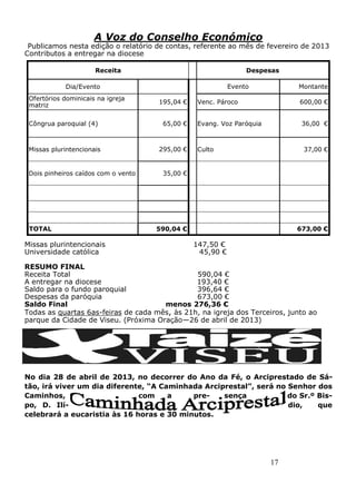 17
A Voz do Conselho Económico
Publicamos nesta edição o relatório de contas, referente ao mês de fevereiro de 2013
Contributos a entregar na diocese
Missas plurintencionais 147,50 €
Universidade católica 45,90 €
RESUMO FINAL
Receita Total 590,04 €
A entregar na diocese 193,40 €
Saldo para o fundo paroquial 396,64 €
Despesas da paróquia 673,00 €
Saldo Final menos 276,36 €
Todas as quartas 6as-feiras de cada mês, às 21h, na igreja dos Terceiros, junto ao
parque da Cidade de Viseu. (Próxima Oração—26 de abril de 2013)
No dia 28 de abril de 2013, no decorrer do Ano da Fé, o Arciprestado de Sá-
tão, irá viver um dia diferente, “A Caminhada Arciprestal”, será no Senhor dos
Caminhos, com a pre- sença do Sr.º Bis-
po, D. Ilí- dio, que
celebrará a eucaristia às 16 horas e 30 minutos.
Receita Despesas
Dia/Evento Evento Montante
Ofertórios dominicais na igreja
matriz
195,04 € Venc. Pároco 600,00 €
Côngrua paroquial (4) 65,00 € Evang. Voz Paróquia 36,00 €
Missas plurintencionais 295,00 € Culto 37,00 €
Dois pinheiros caídos com o vento 35,00 €
TOTAL 590,04 € 673,00 €
 