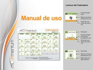 Lectura del Calendario
Manual de uso
Cambio de fase
lunar.
Signo en el que se
encuentra la Luna.
Horas de Luna
Fuera de Curso o
V/C.
Horas de Luna
Fuera de Curso o
V/C.
Cambio de Signo
en el que se
encuentra la Luna.
Fase lunar.
Marte entra en el
signo Géminis.
Signo en el que se
encuentra la Luna.
Fase lunar.
 