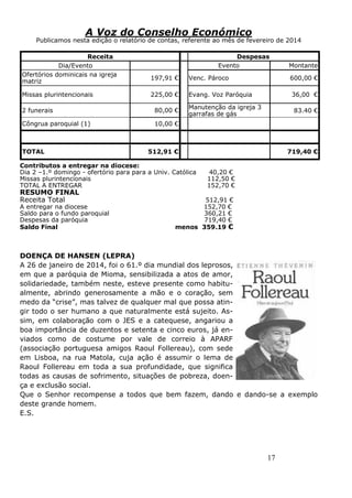 17
A Voz do Conselho Económico
Publicamos nesta edição o relatório de contas, referente ao mês de fevereiro de 2014
Contributos a entregar na diocese:
Dia 2 –1.º domingo - ofertório para para a Univ. Católica 40,20 €
Missas plurintencionais 112,50 €
TOTAL A ENTREGAR 152,70 €
RESUMO FINAL
Receita Total 512,91 €
A entregar na diocese 152,70 €
Saldo para o fundo paroquial 360,21 €
Despesas da paróquia 719,40 €
Saldo Final menos 359.19 €
DOENÇA DE HANSEN (LEPRA)
A 26 de janeiro de 2014, foi o 61.º dia mundial dos leprosos,
em que a paróquia de Mioma, sensibilizada a atos de amor,
solidariedade, também neste, esteve presente como habitu-
almente, abrindo generosamente a mão e o coração, sem
medo da “crise”, mas talvez de qualquer mal que possa atin-
gir todo o ser humano a que naturalmente está sujeito. As-
sim, em colaboração com o JES e a catequese, angariou a
boa importância de duzentos e setenta e cinco euros, já en-
viados como de costume por vale de correio à APARF
(associação portuguesa amigos Raoul Follereau), com sede
em Lisboa, na rua Matola, cuja ação é assumir o lema de
Raoul Follereau em toda a sua profundidade, que significa
todas as causas de sofrimento, situações de pobreza, doen-
ça e exclusão social.
Que o Senhor recompense a todos que bem fazem, dando e dando-se a exemplo
deste grande homem.
E.S.
Receita Despesas
Dia/Evento Evento Montante
Ofertórios dominicais na igreja
matriz
197,91 € Venc. Pároco 600,00 €
Missas plurintencionais 225,00 € Evang. Voz Paróquia 36,00 €
2 funerais 80,00 €
Manutenção da igreja 3
garrafas de gás
83.40 €
Côngrua paroquial (1) 10,00 €
TOTAL 512,91 € 719,40 €
 