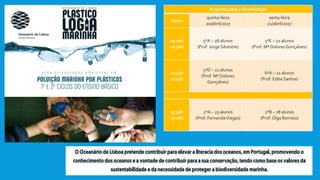 Proposta para a dinamização
Horas
quinta-feira
20/abril/2017
sexta-feira
21/abril/2017
09:00h
10:30h
5ºA – 28 alunos
(Prof. Jorge Silvestre)
5ºE – 21 alunos
(Prof. Mª Dolores Gonçalves)
10:45h
12:15h
5ºD – 22 alunos
(Prof. Mª Dolores
Gonçalves)
6ºA – 21 alunos
(Prof. Edite Santos)
13:30h
15:00h
2ºA – 25 alunos
(Prof. FernandaViegas)
2ºB – 18 alunos
(Prof. Olga Barroso)
 