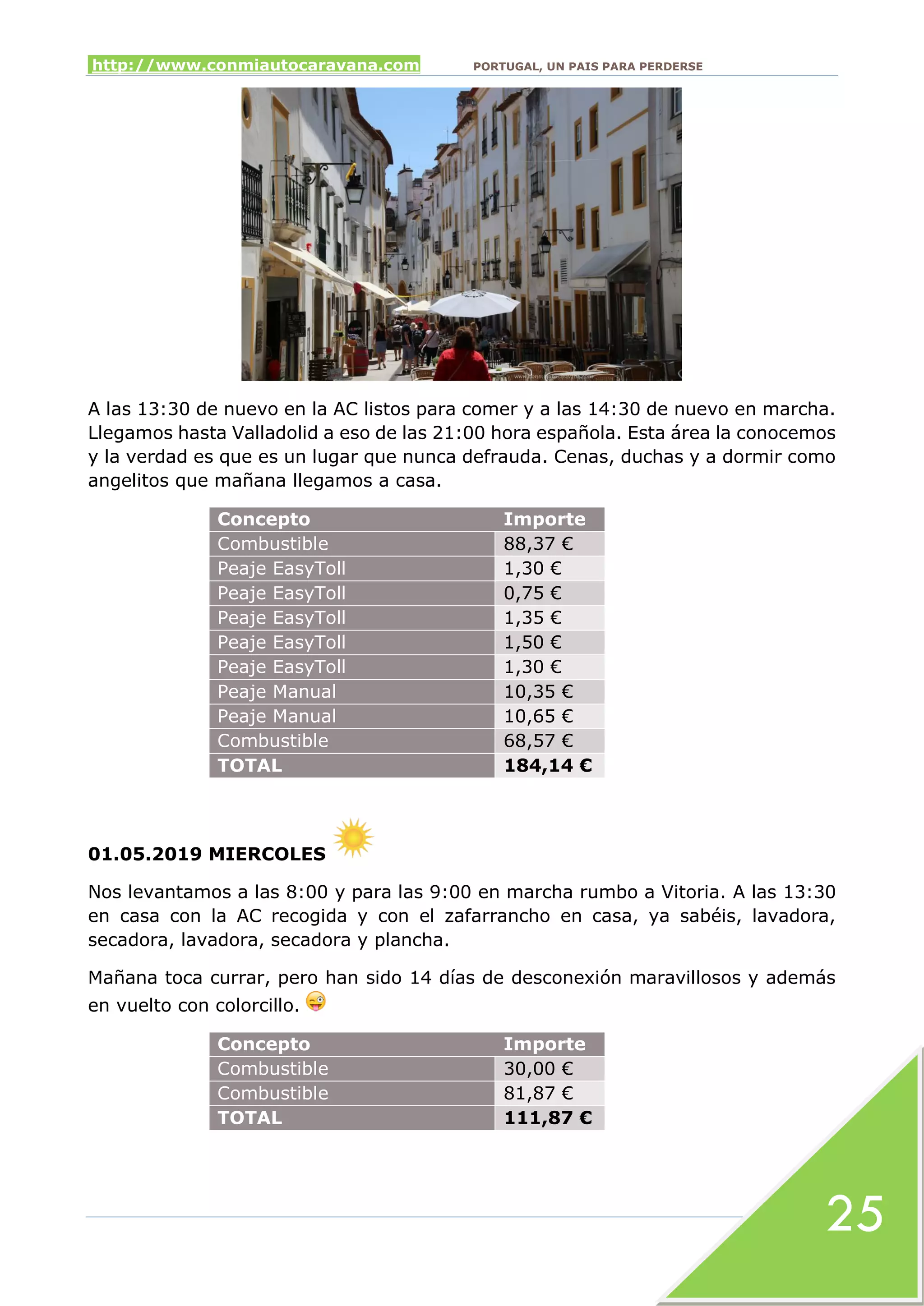 http://www.conmiautocaravana.com PORTUGAL, UN PAIS PARA PERDERSE
25
A las 13:30 de nuevo en la AC listos para comer y a las 14:30 de nuevo en marcha.
Llegamos hasta Valladolid a eso de las 21:00 hora española. Esta área la conocemos
y la verdad es que es un lugar que nunca defrauda. Cenas, duchas y a dormir como
angelitos que mañana llegamos a casa.
Concepto Importe
Combustible 88,37 €
Peaje EasyToll 1,30 €
Peaje EasyToll 0,75 €
Peaje EasyToll 1,35 €
Peaje EasyToll 1,50 €
Peaje EasyToll 1,30 €
Peaje Manual 10,35 €
Peaje Manual 10,65 €
Combustible 68,57 €
TOTAL 184,14 €
01.05.2019 MIERCOLES
Nos levantamos a las 8:00 y para las 9:00 en marcha rumbo a Vitoria. A las 13:30
en casa con la AC recogida y con el zafarrancho en casa, ya sabéis, lavadora,
secadora, lavadora, secadora y plancha.
Mañana toca currar, pero han sido 14 días de desconexión maravillosos y además
en vuelto con colorcillo.
Concepto Importe
Combustible 30,00 €
Combustible 81,87 €
TOTAL 111,87 €
 