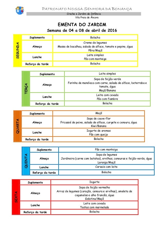 PATRONATO NOSSA SENHORA DA BONANÇA
Creche e Jardim-de-Infância
Vila Praia de Âncora
EMENTA DO JARDIM
Semana de 04 a 08 de ...