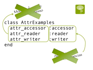 class AttrExamples
attr_accessor :accessor
attr_reader :reader
attr_writer :writer
end
Modiﬁcadores de
visibiliade/acesso
Attributos da
classe/instancias
 