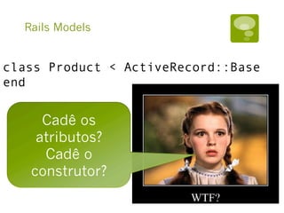Rails Models
class Product < ActiveRecord::Base
end
Cadê os
atributos?
Cadê o
construtor?
 